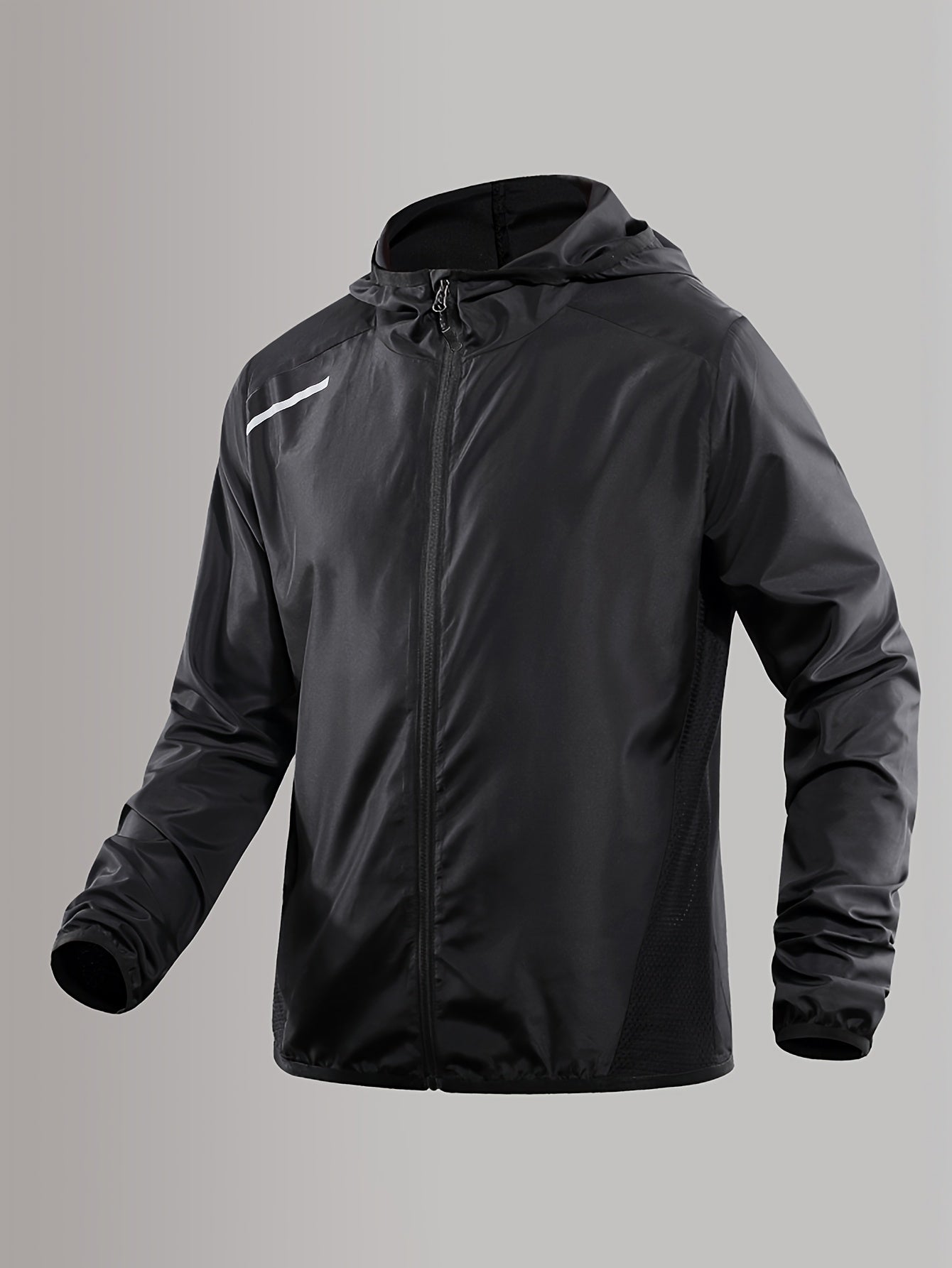 Men's Lightweight Windproof Hooded Jacket with Reflective Straps Mesh Panels Geometric Pattern