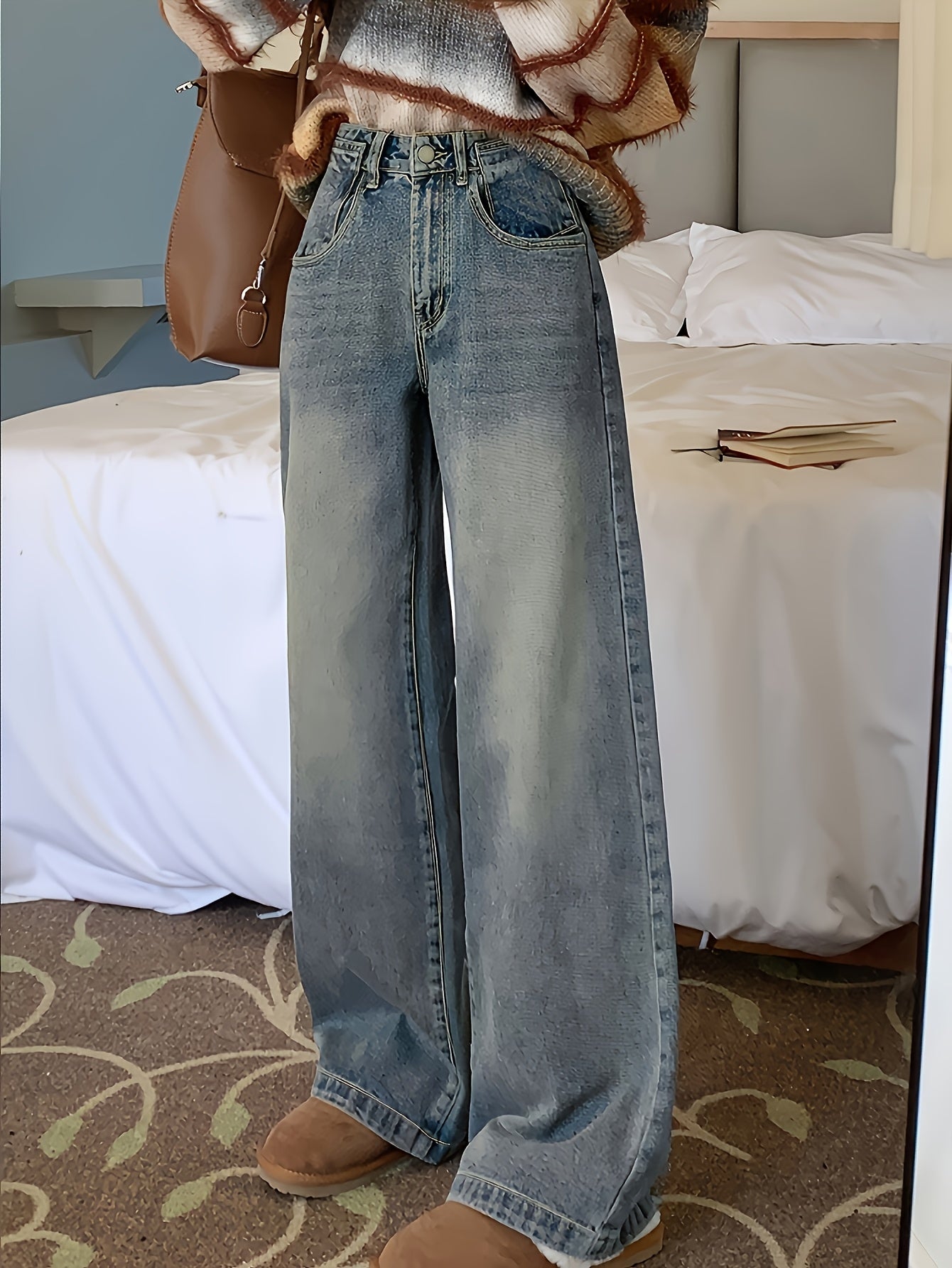 Women High-Waist Wide-Leg Denim Jeans Light Blue Casual Slimming