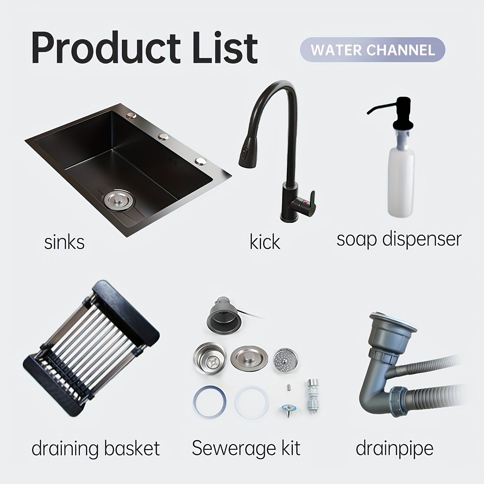 Black Stainless Steel Kitchen Sink Single Bowl Undercounter with Center Drain and Pull-Out Faucet