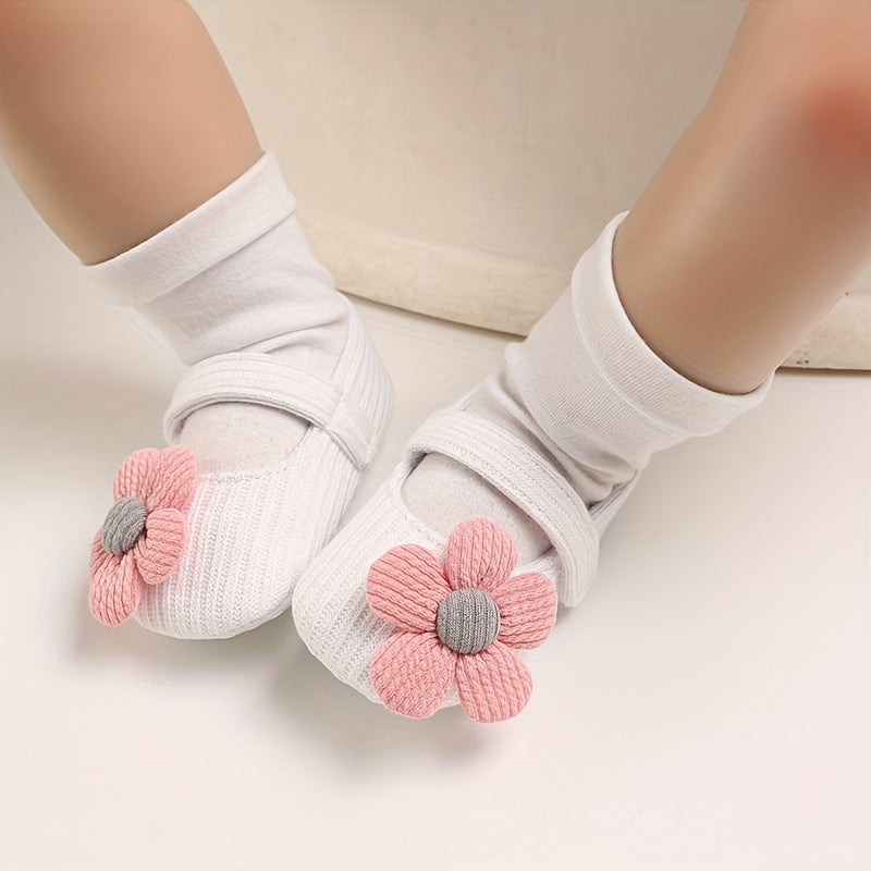 Infant Baby Girls Shoes Lightweight Soft Fabric Flower Decor All-Season Walking Shoes
