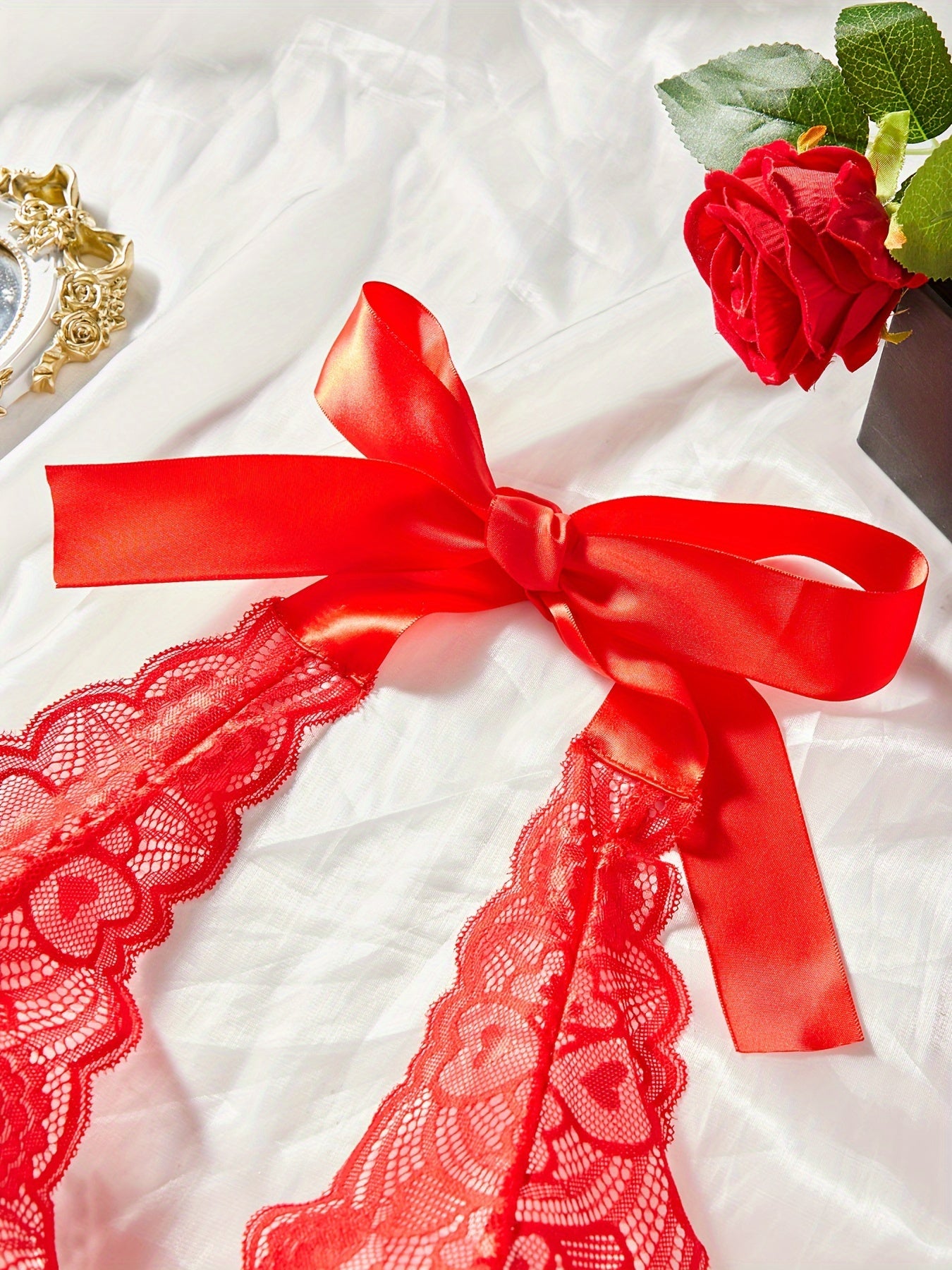 Red Velvet Sexy Doll Costume with Mesh Neck and Patchwork, Includes Thong