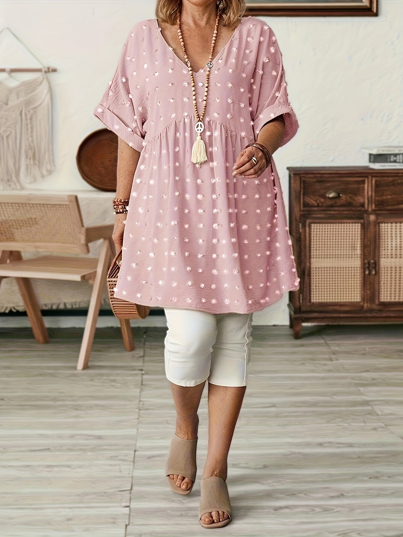 Women's Plus Size V-Neck Batwing Sleeve Blouse Stretchy Polyester Black White Dot