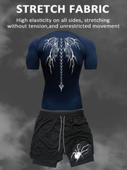 Men's Athletic Set Quick-Dry Compression T-Shirt and Multi-Pocket Shorts for Gym Running Outdoor