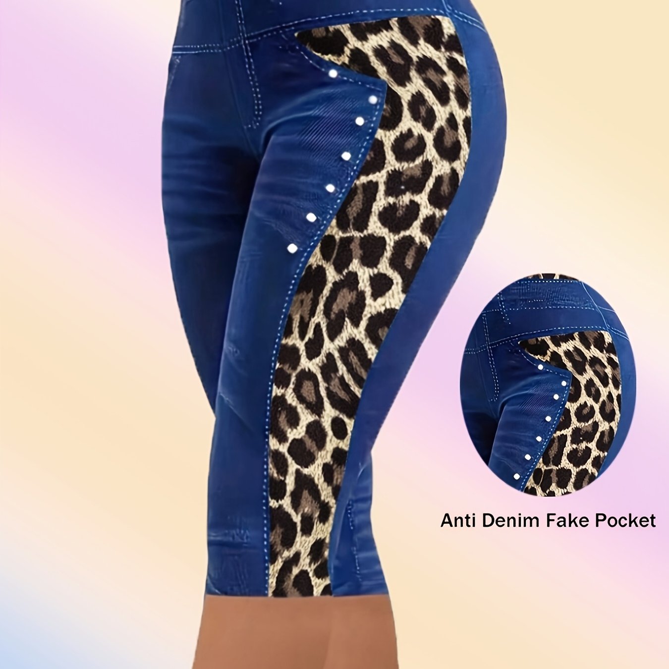 Plus Size Women's High-Stretch Imitation Denim Mid-Length Leggings with Leopard Print