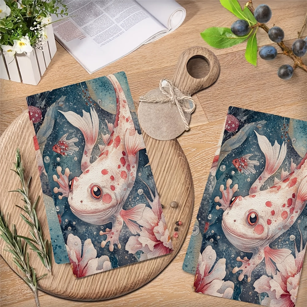 Set of 2 Ultra Soft Kitchen Towels with Axolotl and Floral Design, 40x60 cm