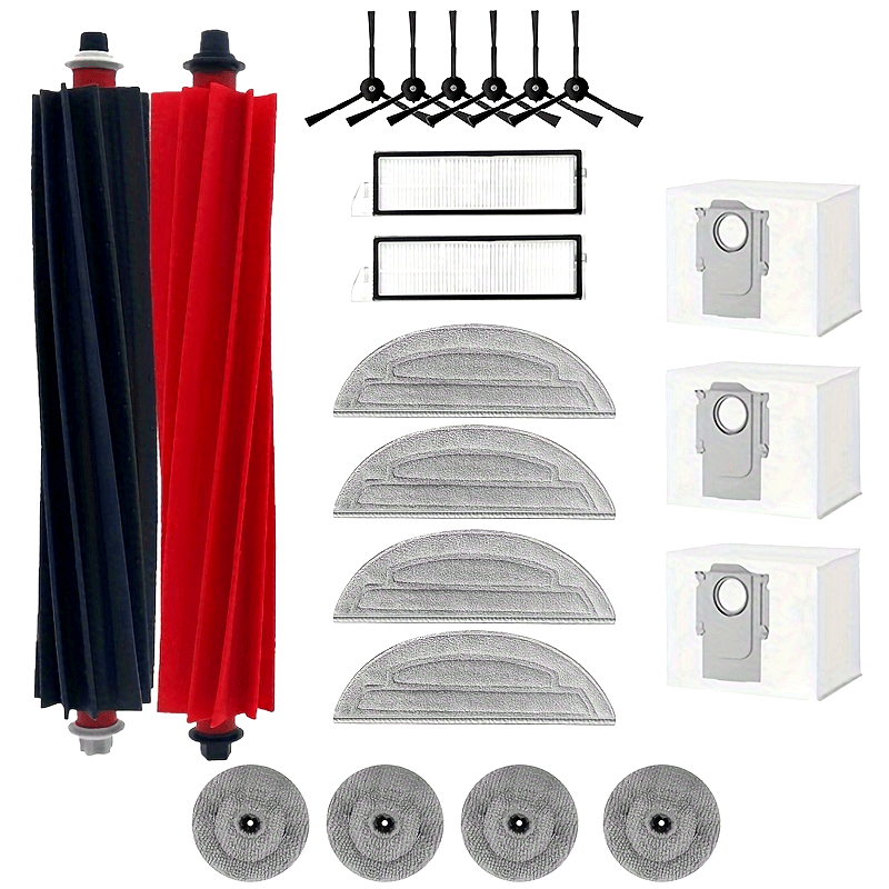 Roborock S8 MaxV Ultra aksessuar to'plami: 21 dona, 2 rolik cho'tkasi, 6 yon cho'tkasi, 2 HEPA filtri, 4 mopa padlari va 4 chekka mop matolari.