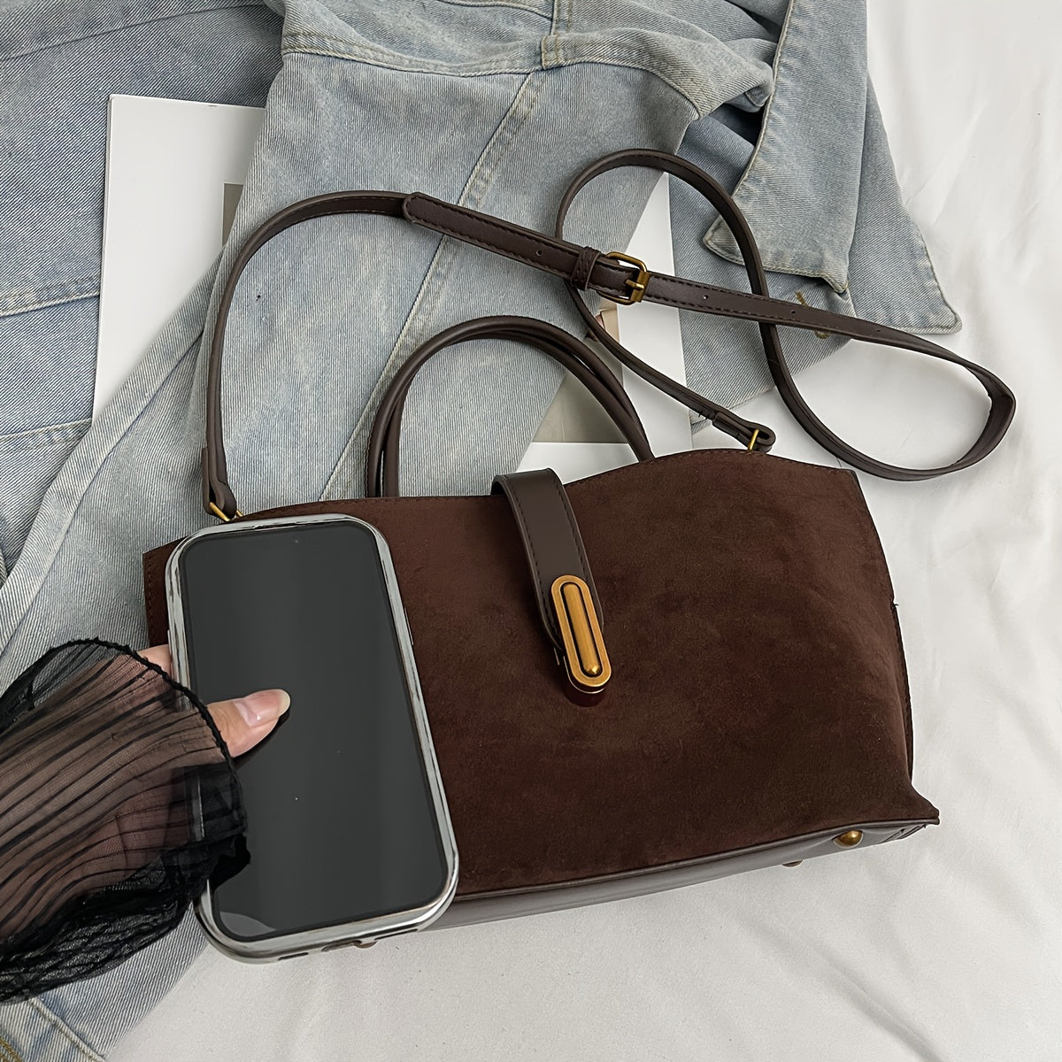 Vintage Suede Leather Tote Bag with Adjustable Shoulder Strap and Turn Lock Closure