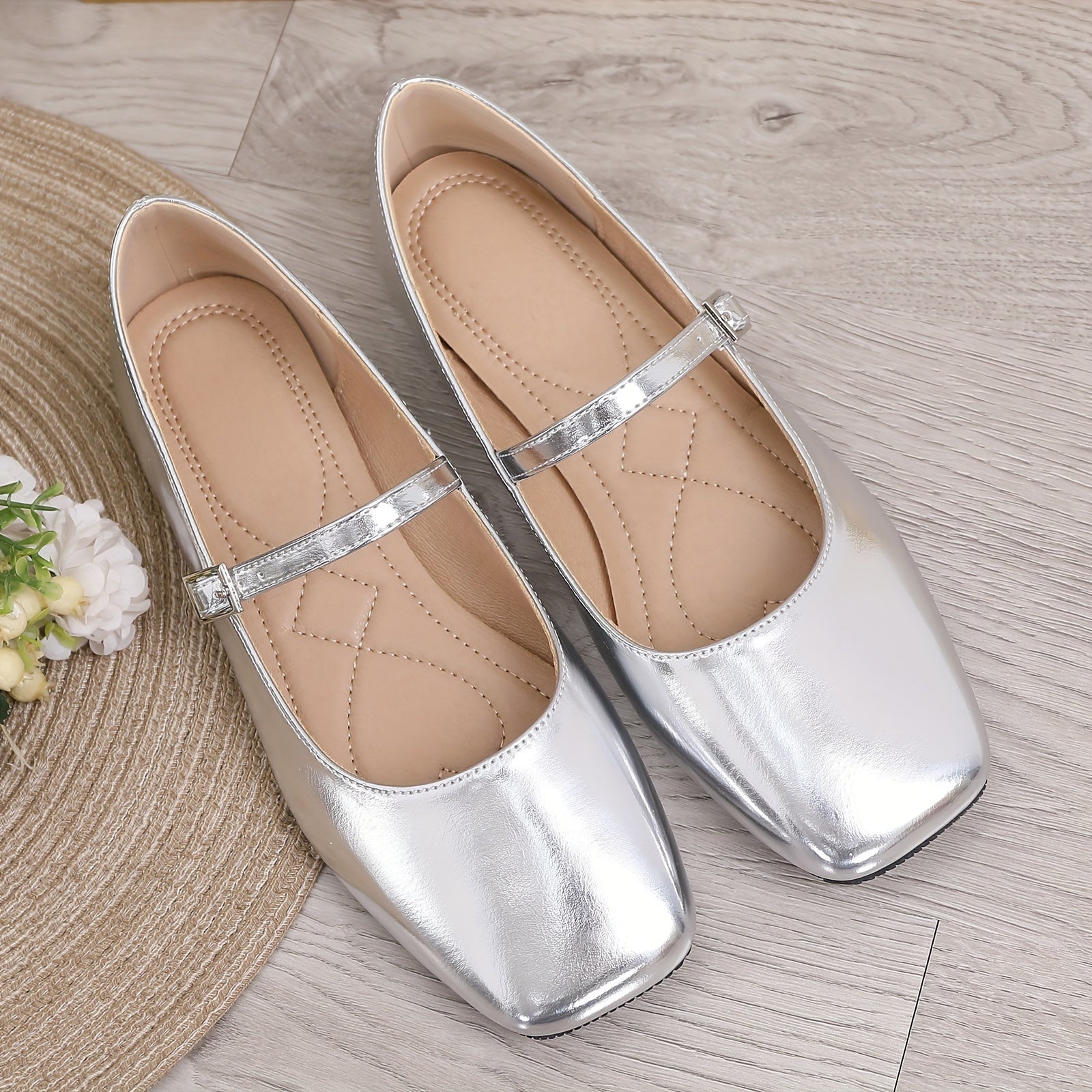 Women's Retro Square Toe Mary Jane Flats with Buckle Silver Spring Summer