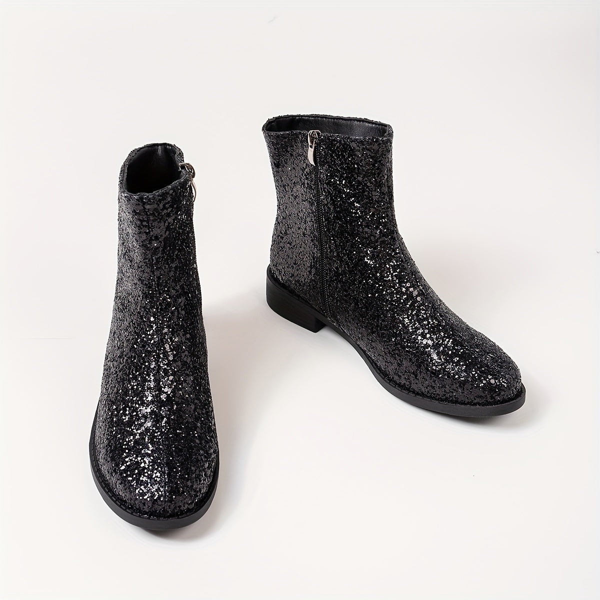 Women's Solid Color Sequin Short Boots with Zipper Warm Chunky Heel