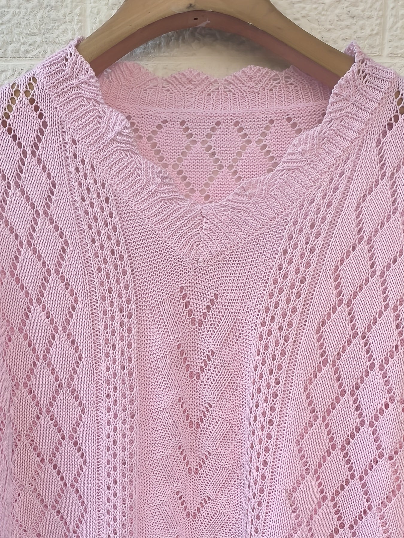 Plus Size Women's V-Neck Cardigan Long Sleeve Hollow-Out Light Pink Casual Sweater