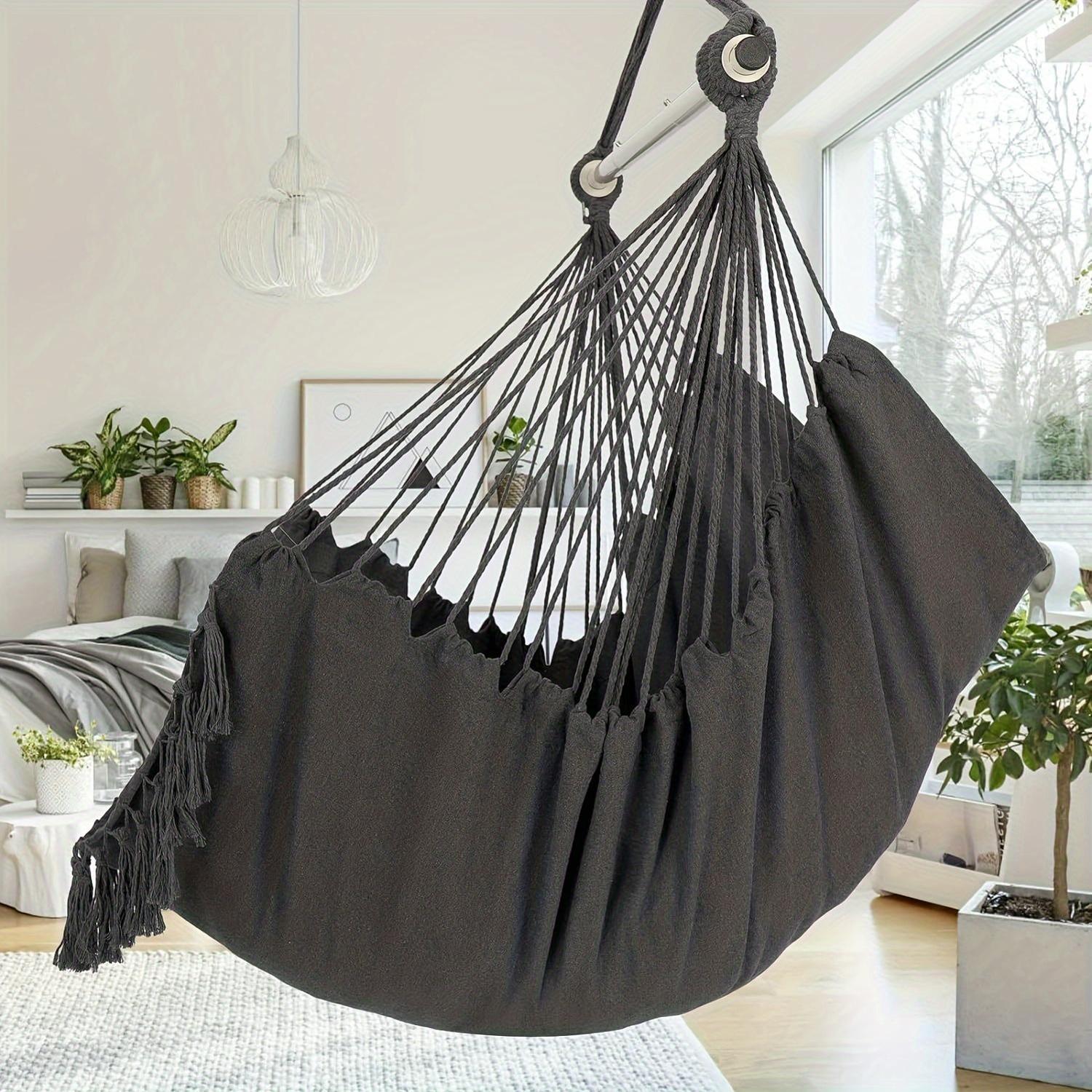 White Canvas Hammock with Tassels and Cushions for Indoor Outdoor Use Supports Up to 226.8 KG
