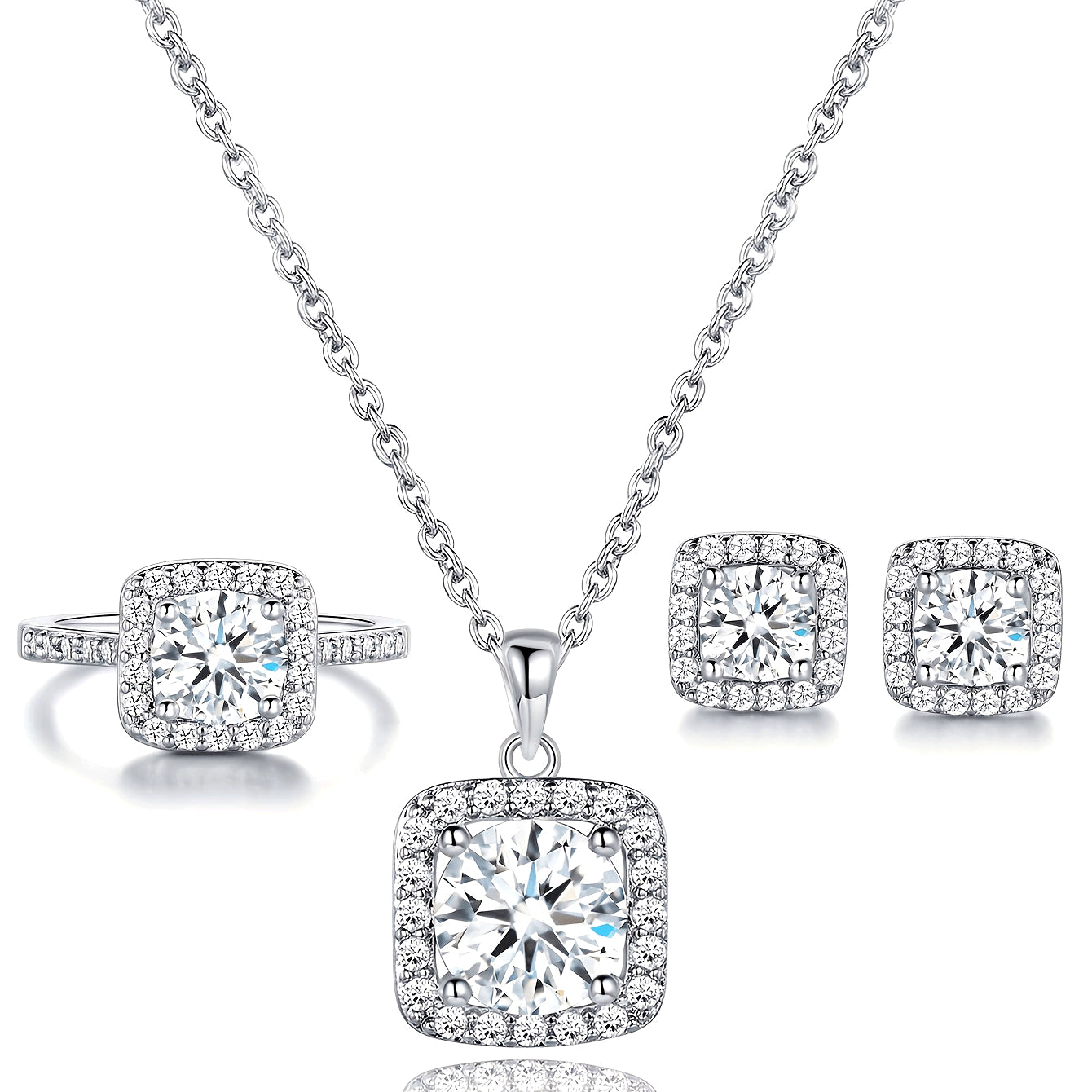 Square Zirconia Jewelry Set Necklace Earrings Ring Gold Plated Bridal Gift