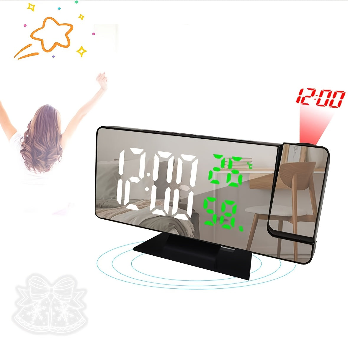 LED Projection Clock with Temperature Humidity Display and Electronic Alarm for Bedroom