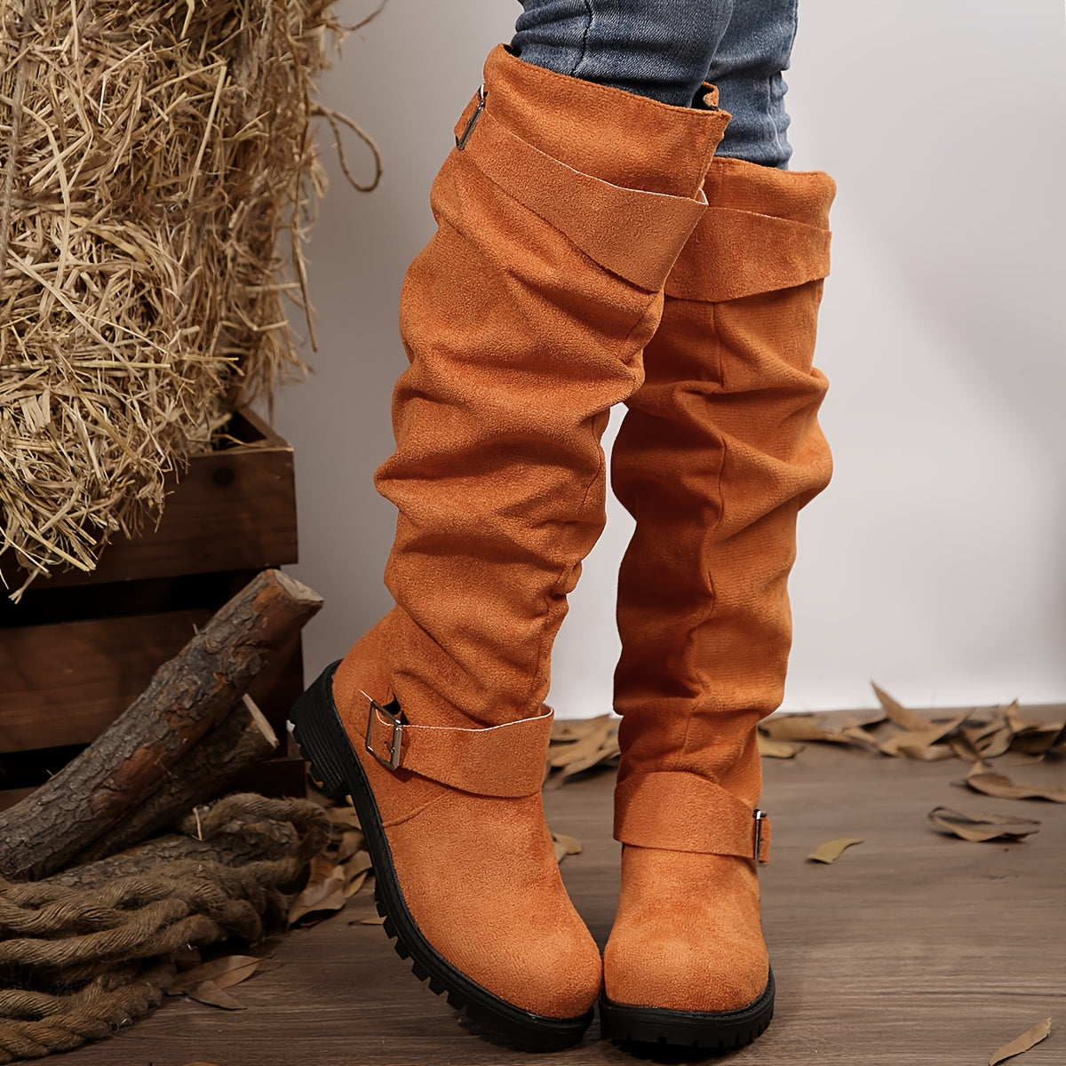 Women's Knee-High Slouch Boots Fabric Round Toe Block Heel All-Season