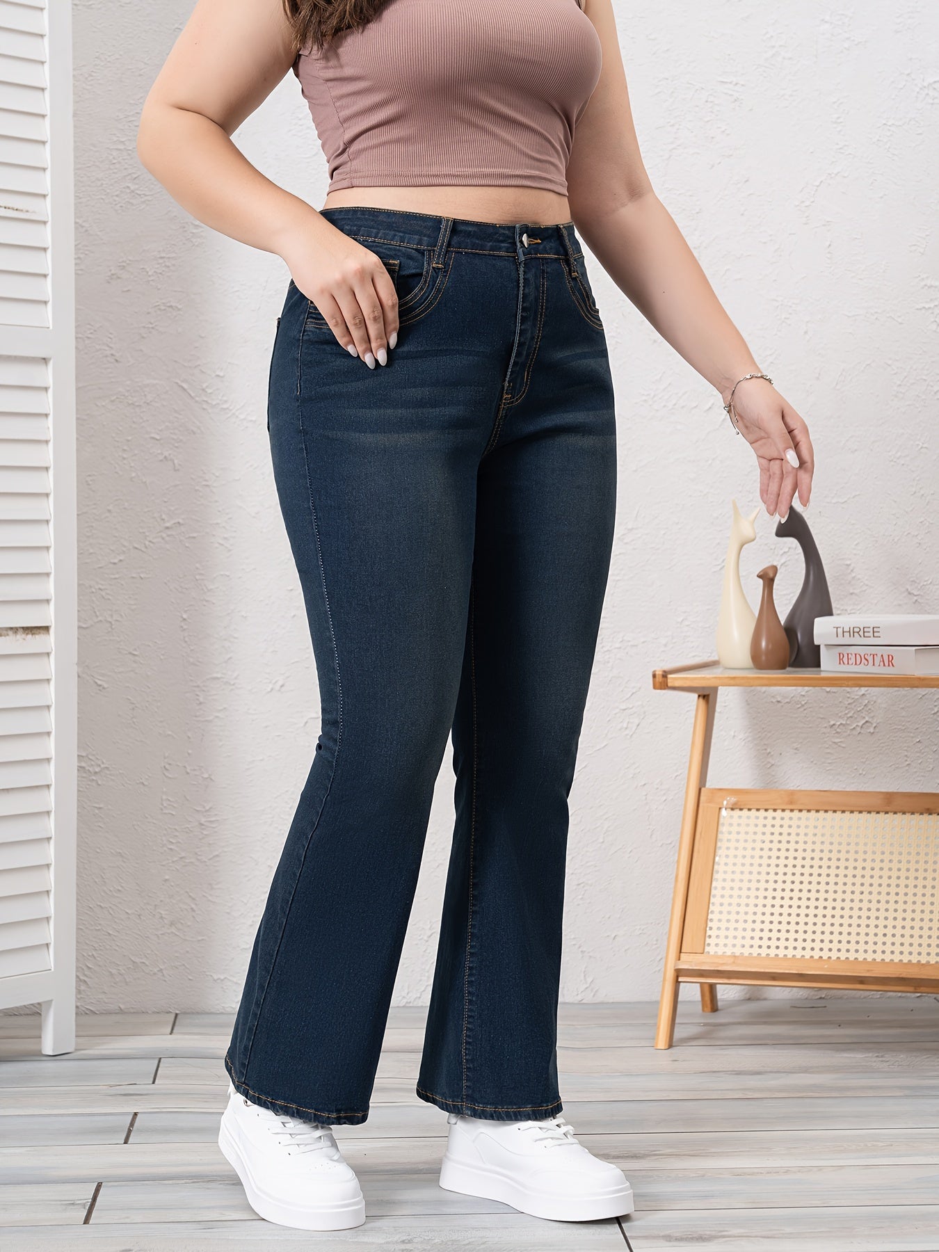 Plus Size Women's Denim Bootcut Jeans Blue Casual Zipper Button Closure