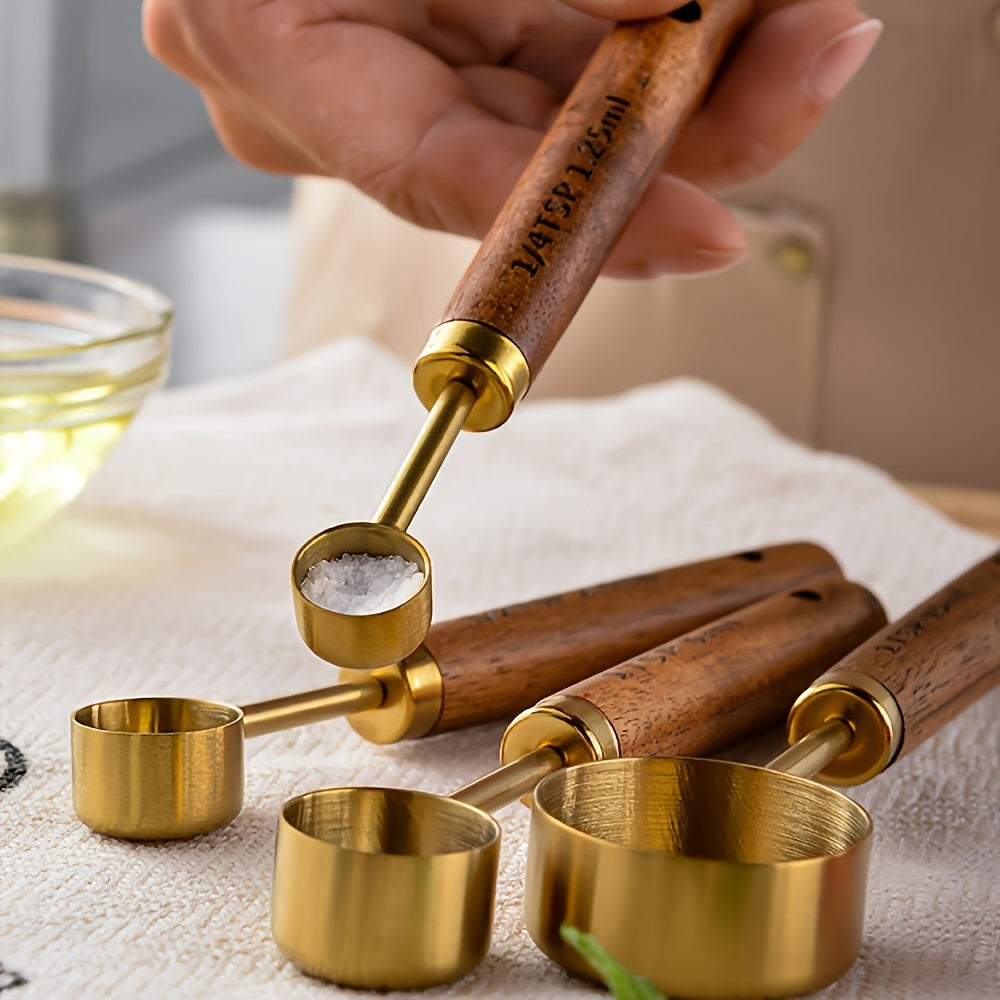 Set of 8 Golden Stainless Steel Measuring Cups and Spoons with Wooden Handles