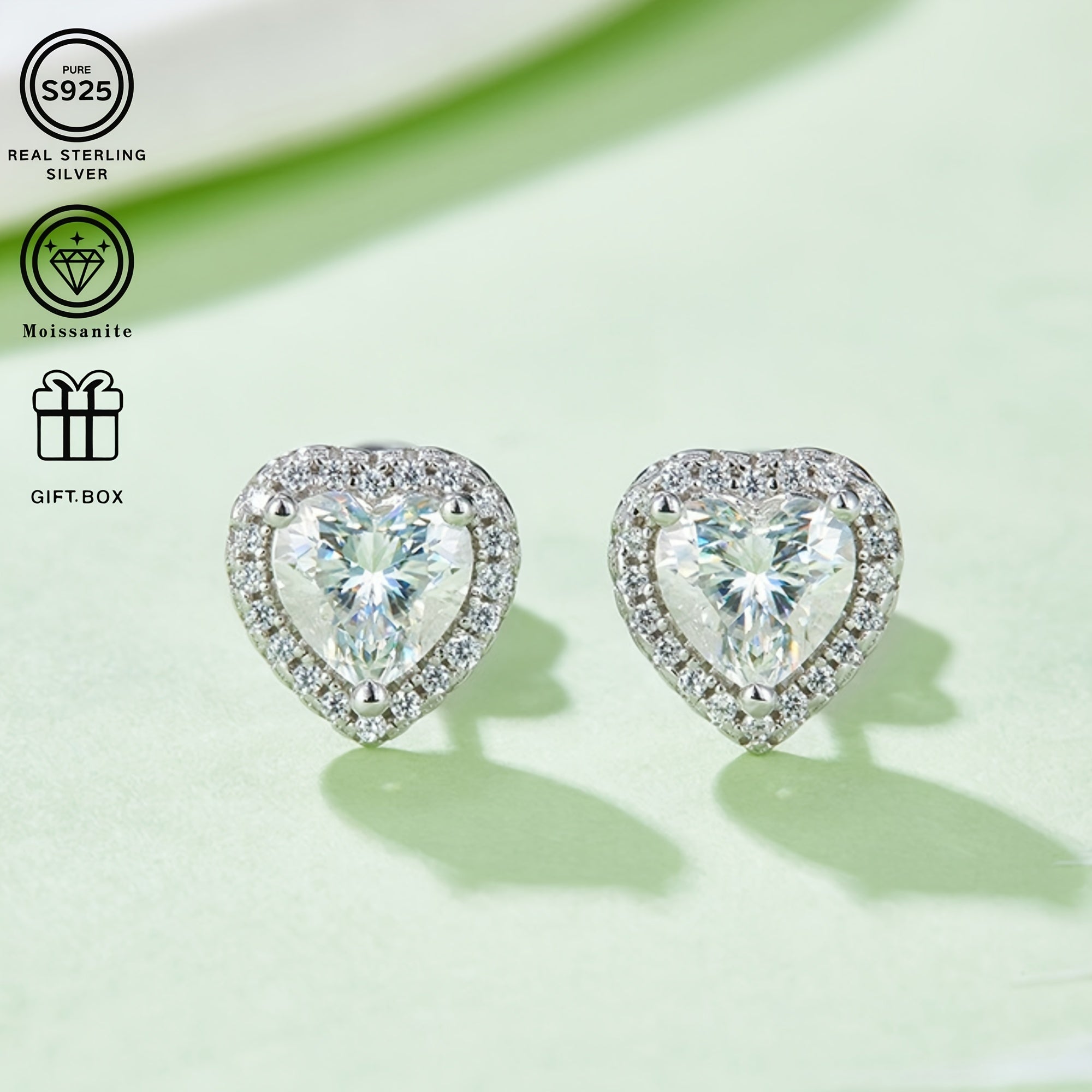Silver Heart Pendant Earrings 2 Carat Moissanite Platinum-Plated Jewelry for Women
