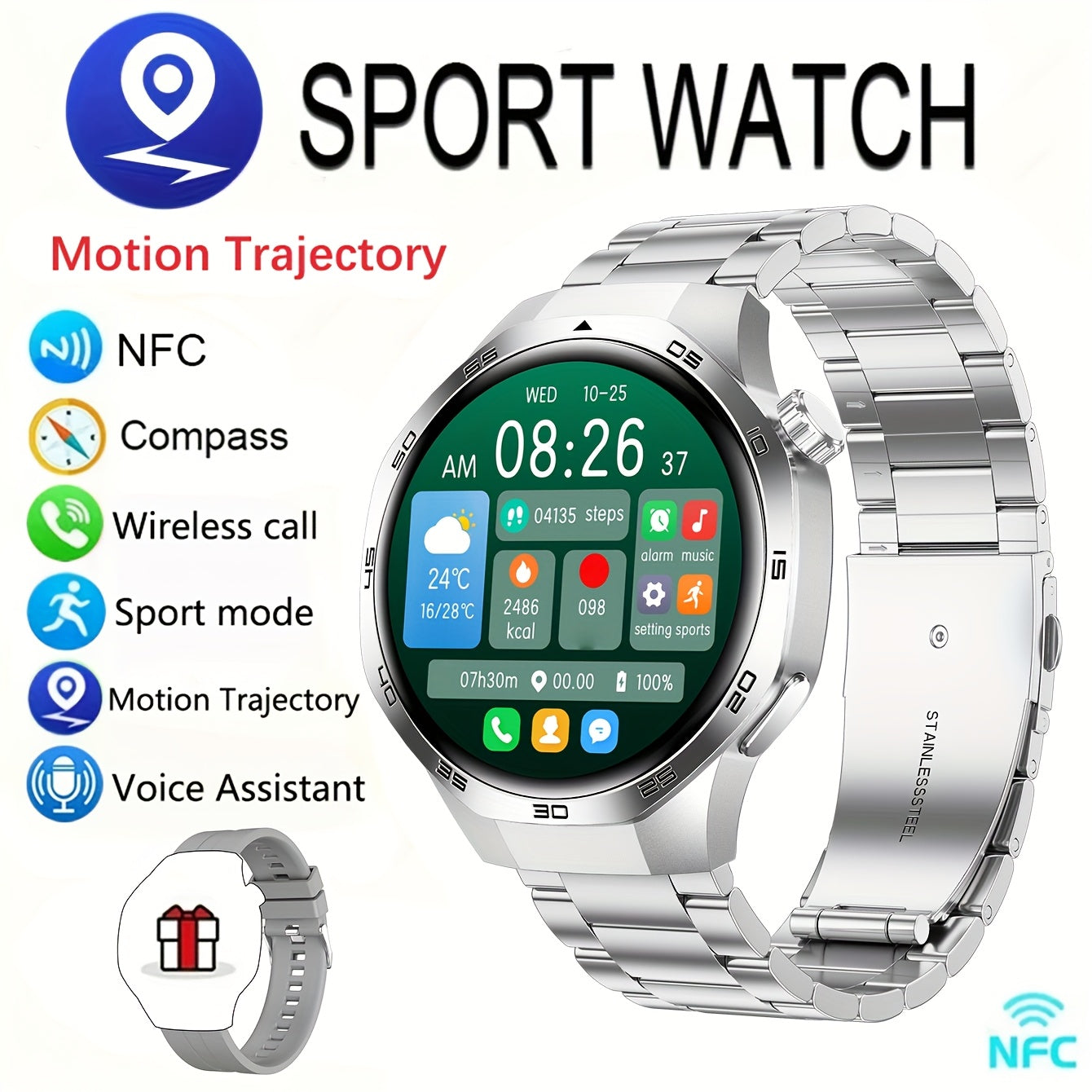 Men's Smartwatch GPS Fitness Tracker with 360x360 HD Screen AI Voice Call NFC 100+ Sports Modes