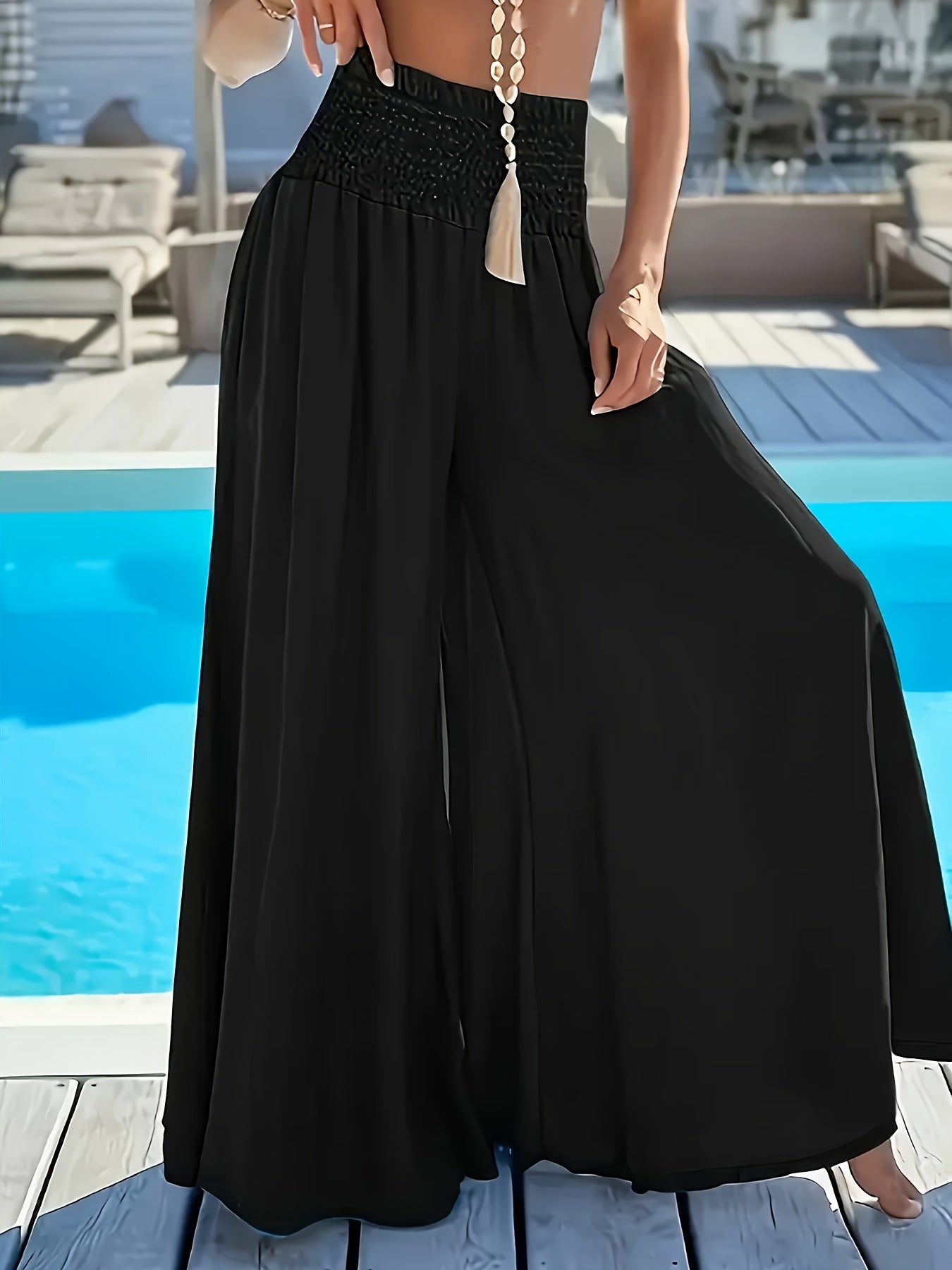 Plus Size Women's Wide Leg Pants Elastic Waist Shirred Solid Color Casual All-Season