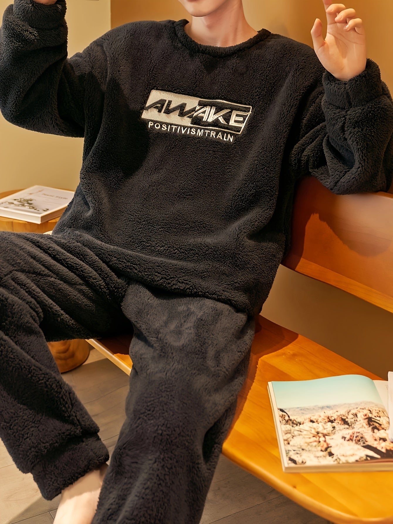 Men's Coral Velvet Pajama Set for Winter with Embroidered Alphabet Pattern