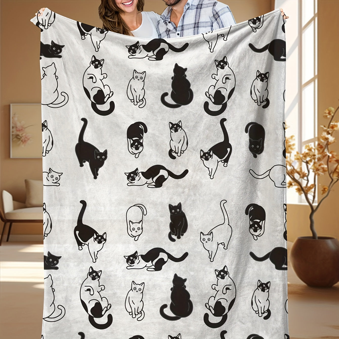 Fleece Throw Blanket with Cartoon Kitty Print Soft Cozy All-Season Home Office Travel