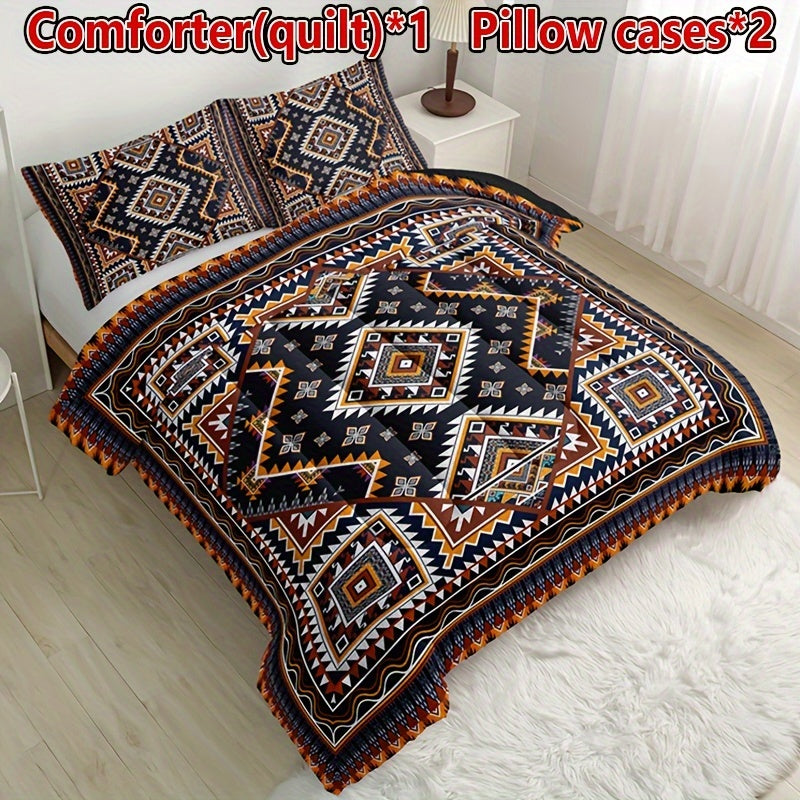 3-Piece Bohemian Plaid Quilt Set with Pillowcases All-Season Breathable Bedding