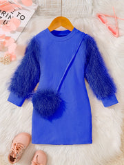 Girls' Pink Tassel Sleeve Dress with Bag Detail for Spring and Fall