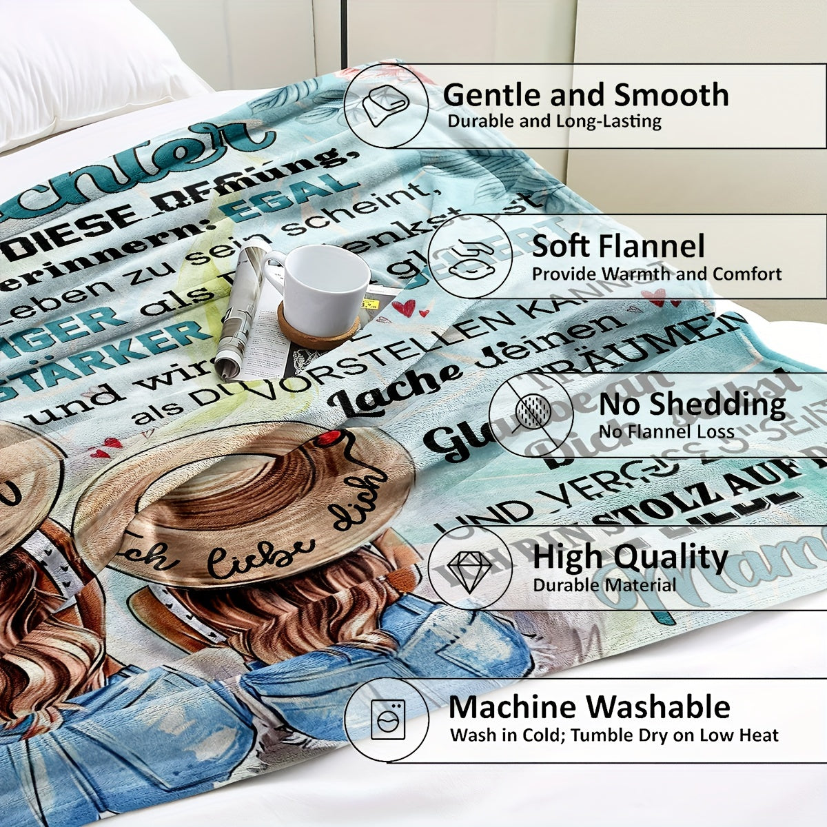 German Letter Blanket - 1PC Mother-Daughter Love Flannel Blanket, Featuring Digital Print, Cozy Warm Fleece Hug Throw Blanket, Sentimental Gift for Home Decor