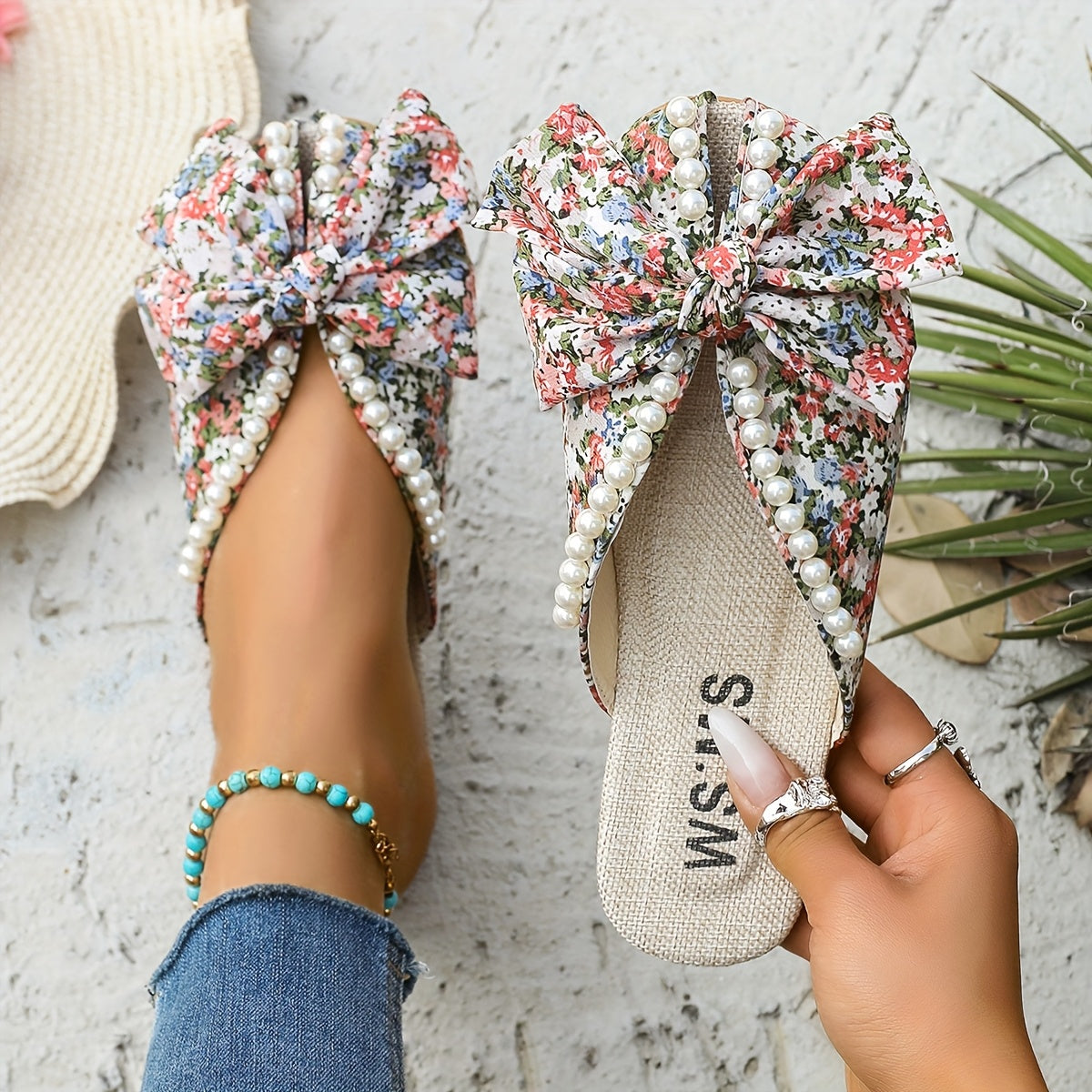 Women’s Floral Bow Embellished Slip-On Slippers All-Season Comfort