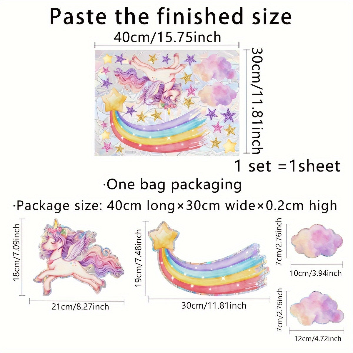 Reusable Rainbow Unicorn and Star Window Clings Matte PVC Static Decals for Glass