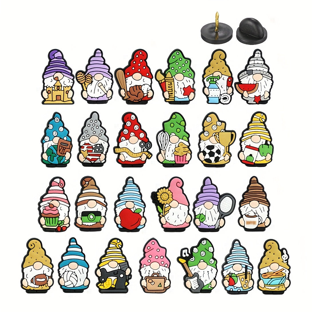Set of 25 Colorful Enamel Pins with Cake, Camera, Apple, Football, Volleyball, and Gnome Designs for Bags and Accessories