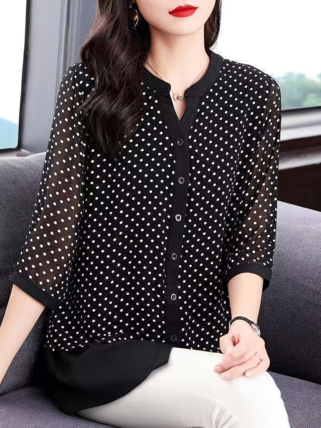 Plus Size Women's Chiffon Blouse Polka Dot Mid-Length Seven-Eighths Sleeves