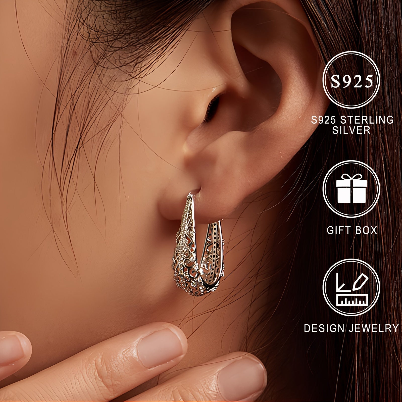 Large Silver Earrings with Zirconia Flower Pattern 18K Gold Plated Hypoallergenic