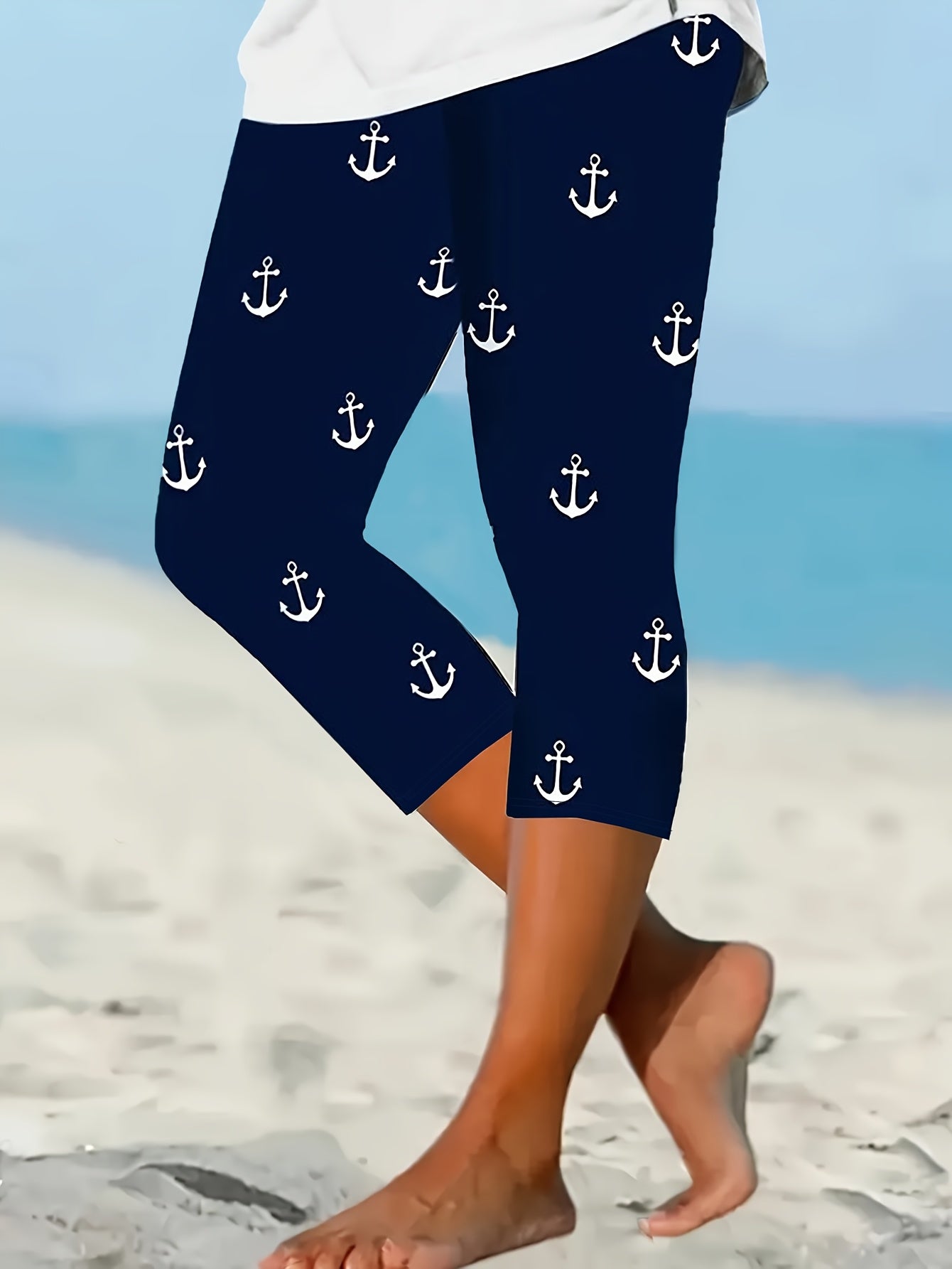 Women's Plus Size Nautical Anchor Print Capri Pants Navy White Geometric Mid-Stretch