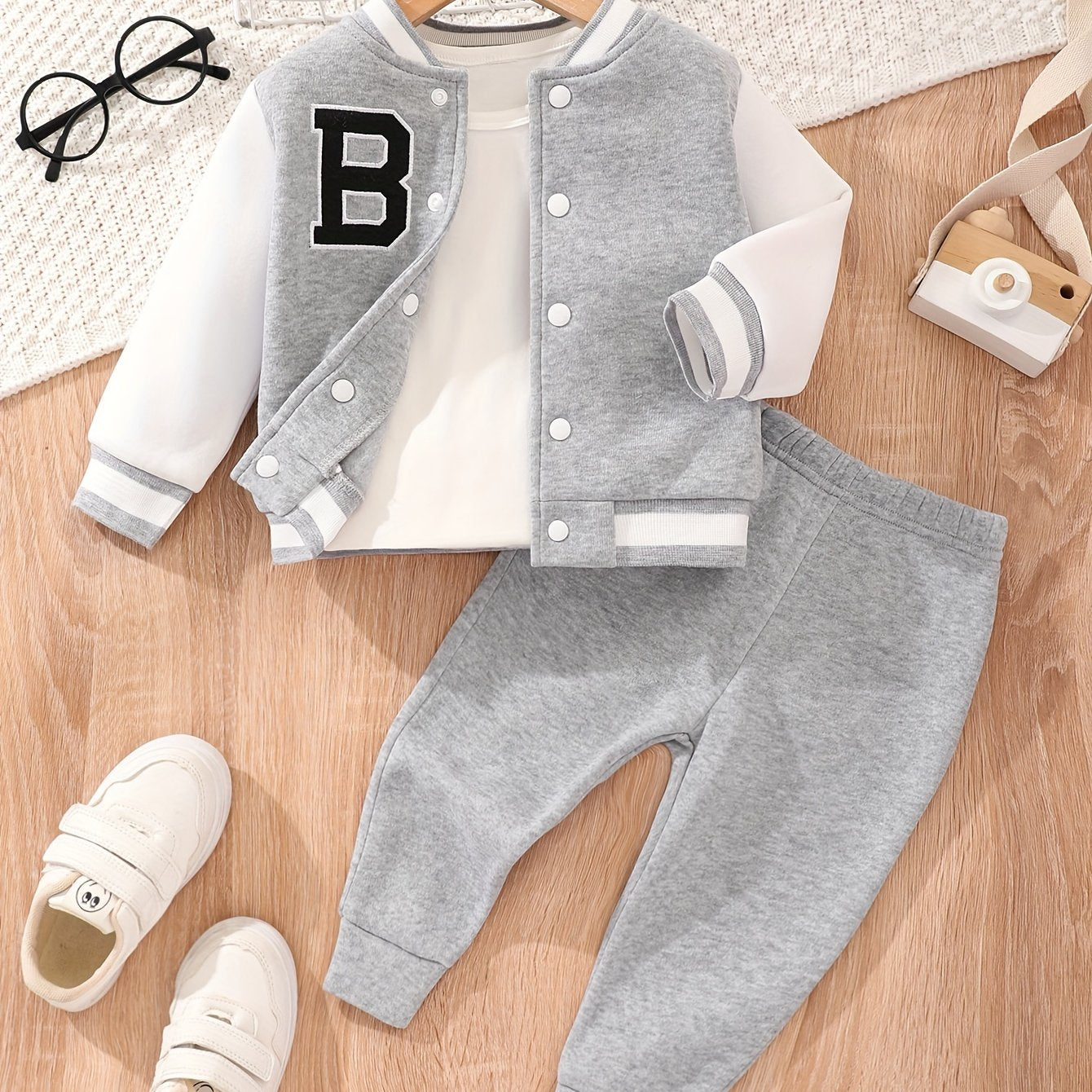 Baby Boys' Fall Winter Baseball Jersey Set with Letter Pattern Coat Top and Pants