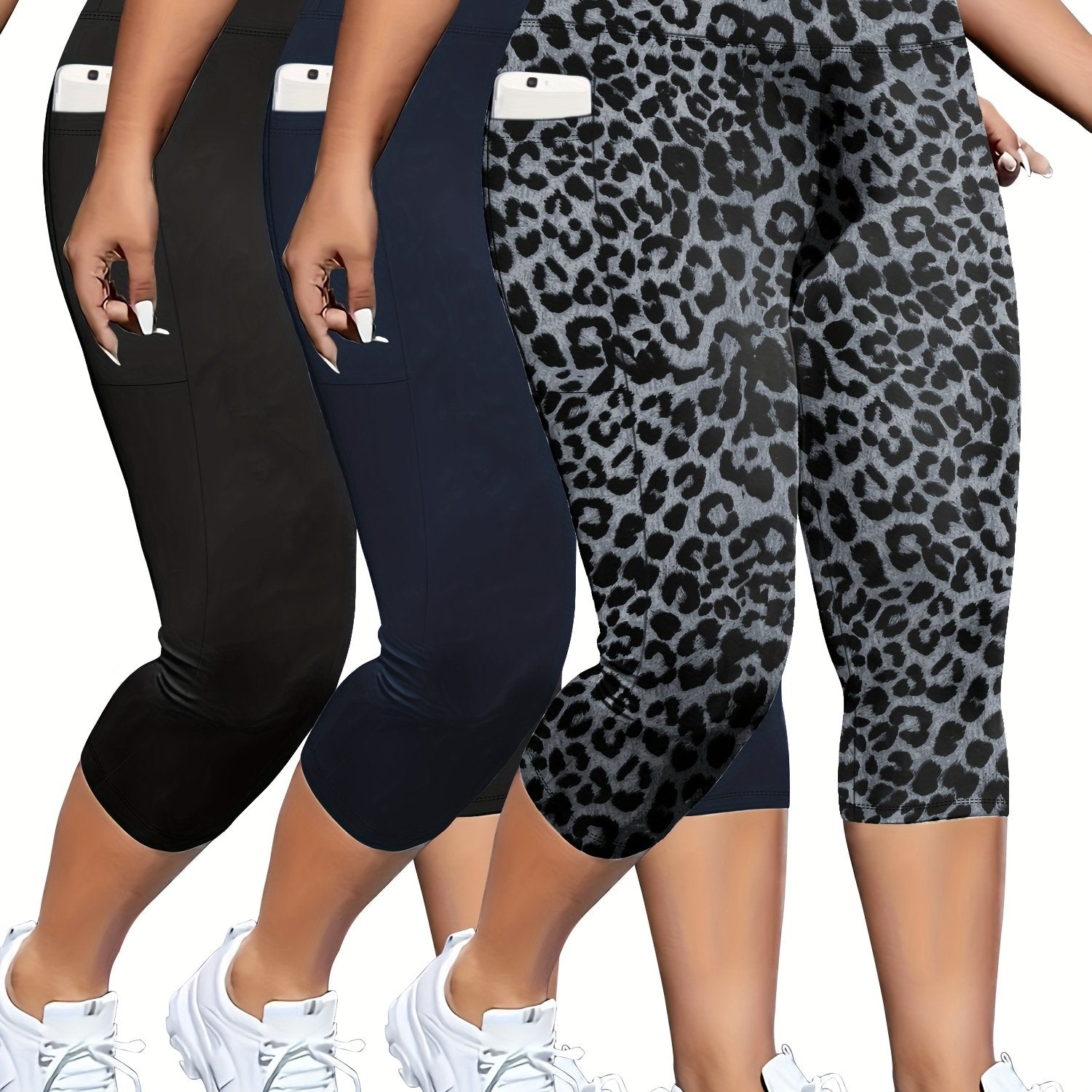 Plus Size Women Capri Leggings 3 Pack Tummy Control High Waist Pockets