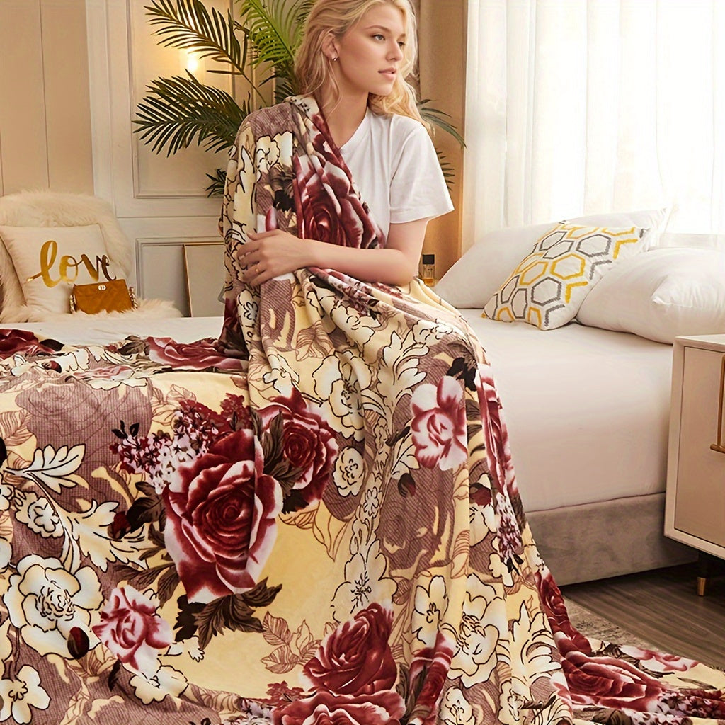 Cozy Floral Print Reversible Flannel Throw Blanket for Couch and Bed