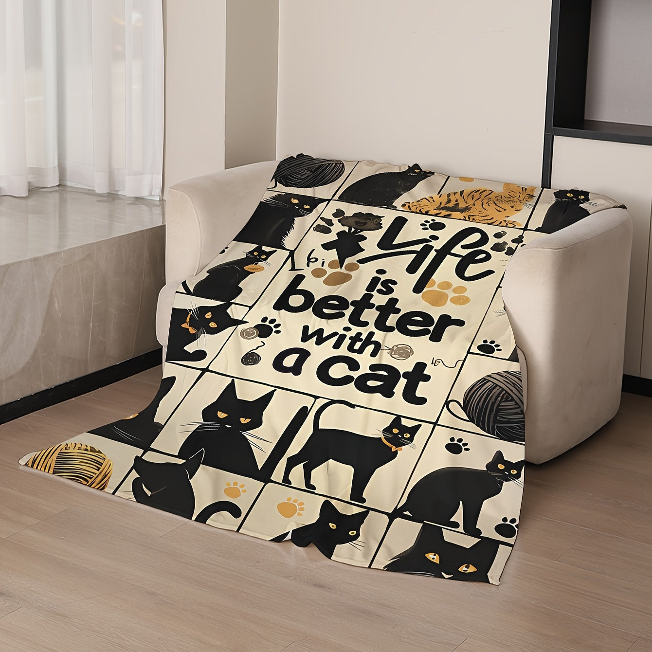 Manta de felpa con estampado de gato negro en estilo cartoon, ligera, de poliéster multicolor para sofá, cama o camping