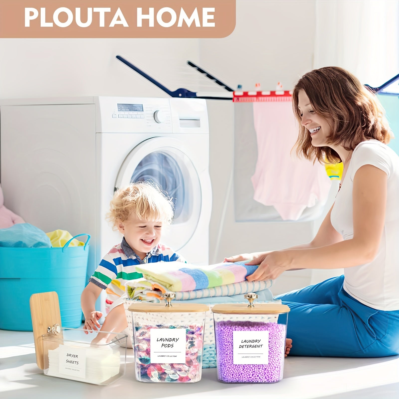 Set of 3 Clear Plastic Laundry Storage Containers with Lids, Scoops, Labels