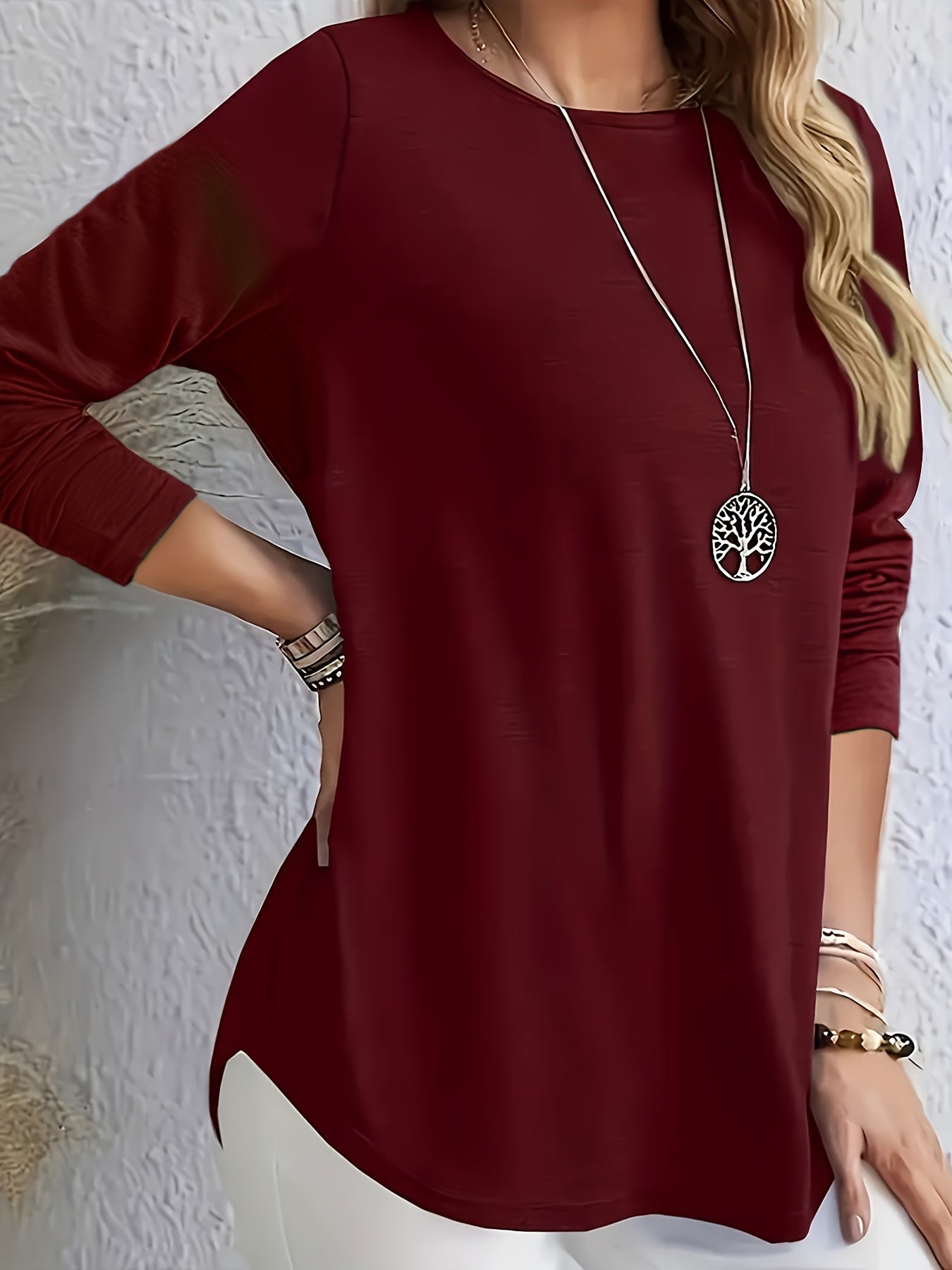 Plus Size Long Sleeve Top for Women with Button Back Crew Neck Solid Color Autumn Spring