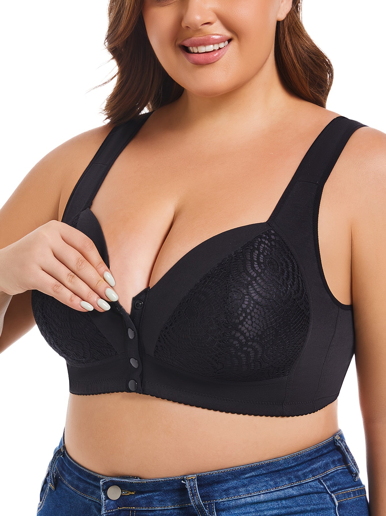 Plus Size Lace Bralette Wireless Full Coverage with Front Closure and Non-Removable Pads
