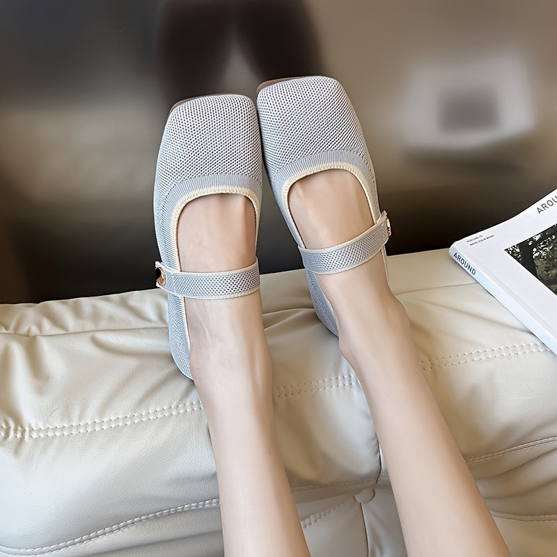 Women's Knit Square Toe Mary Jane Flats Yellow Fabric Casual Dressy Shoes