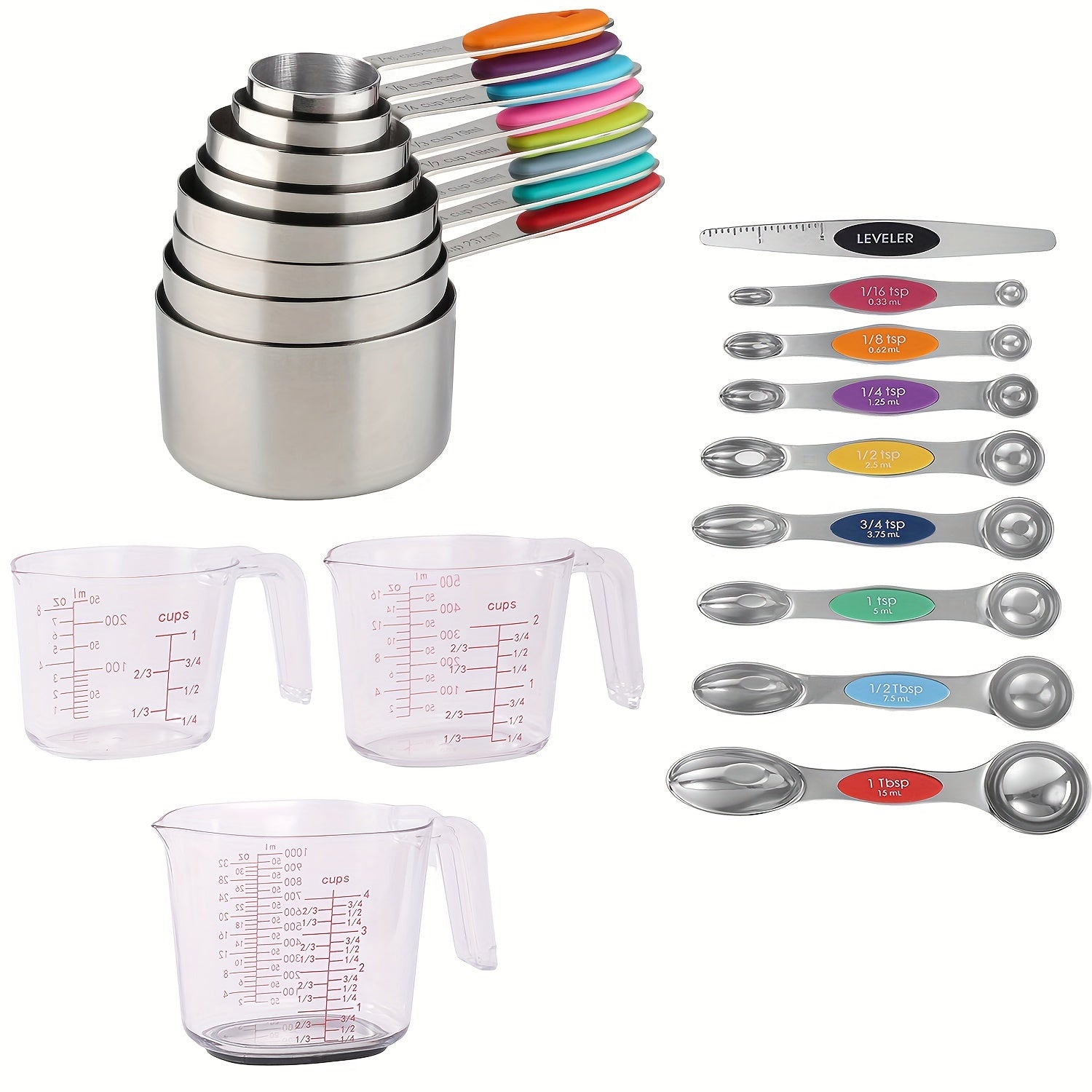 Juego de 20 tazas y cucharas medidoras de acero inoxidable con nivelador magnético
