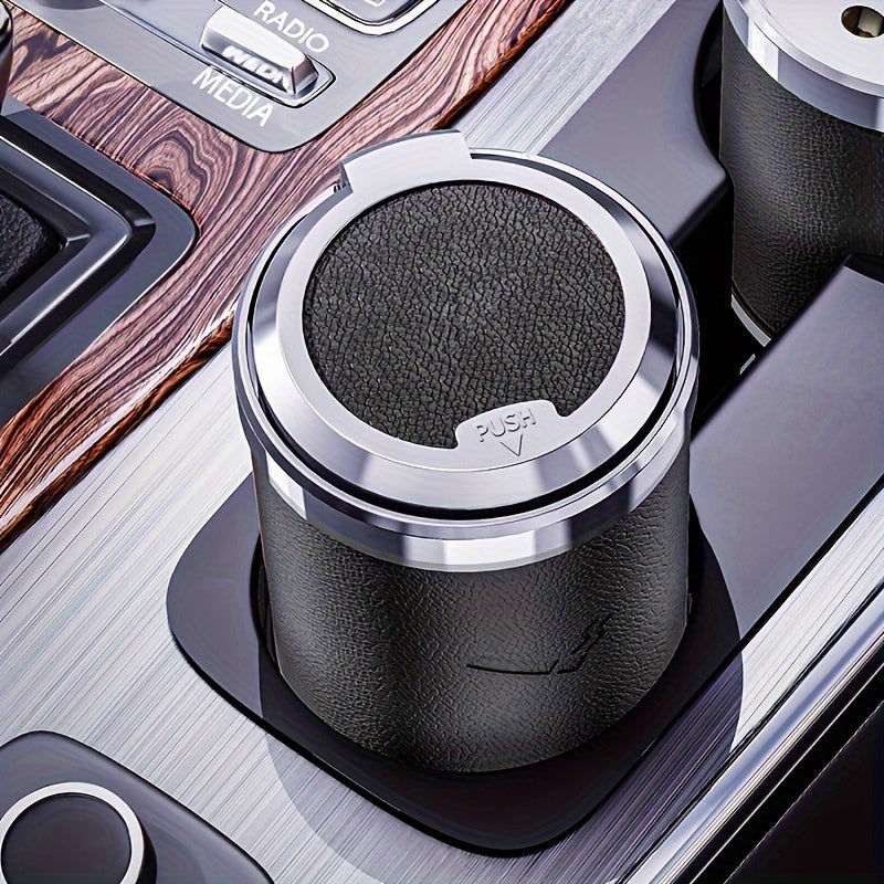 Car Ashtray with PU Leather Anti-Flying Ash Design LED Automatic Lighting Replaceable Battery Black