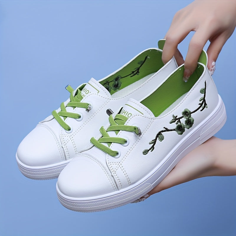 Women’s Floral Embroidery Sneakers Casual Slip-On Microfiber All-Season
