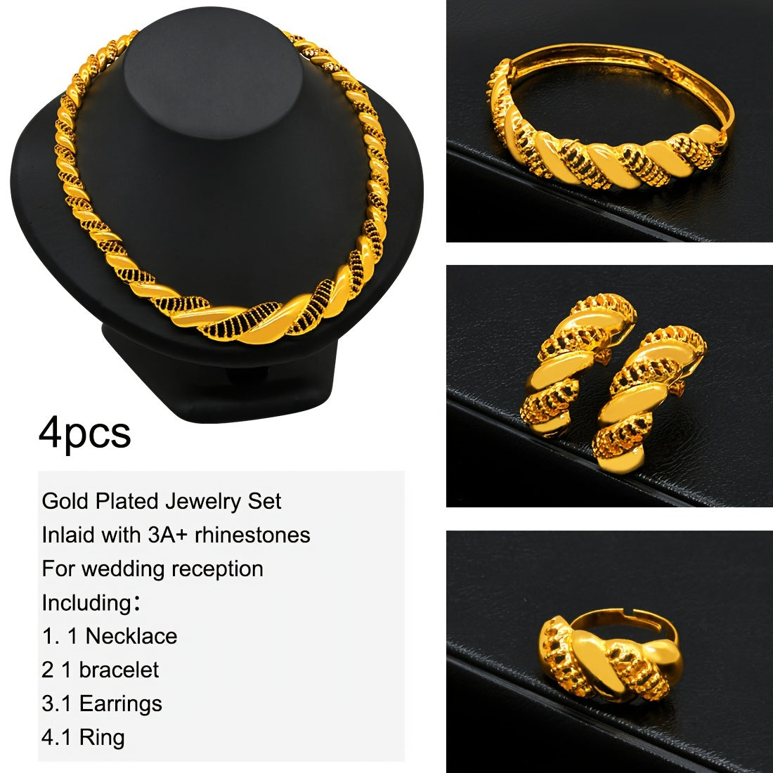 Gold-Tone Bridal Jewelry Set Necklace Bracelet Earrings Ring Hollow Design for Weddings and Occasions