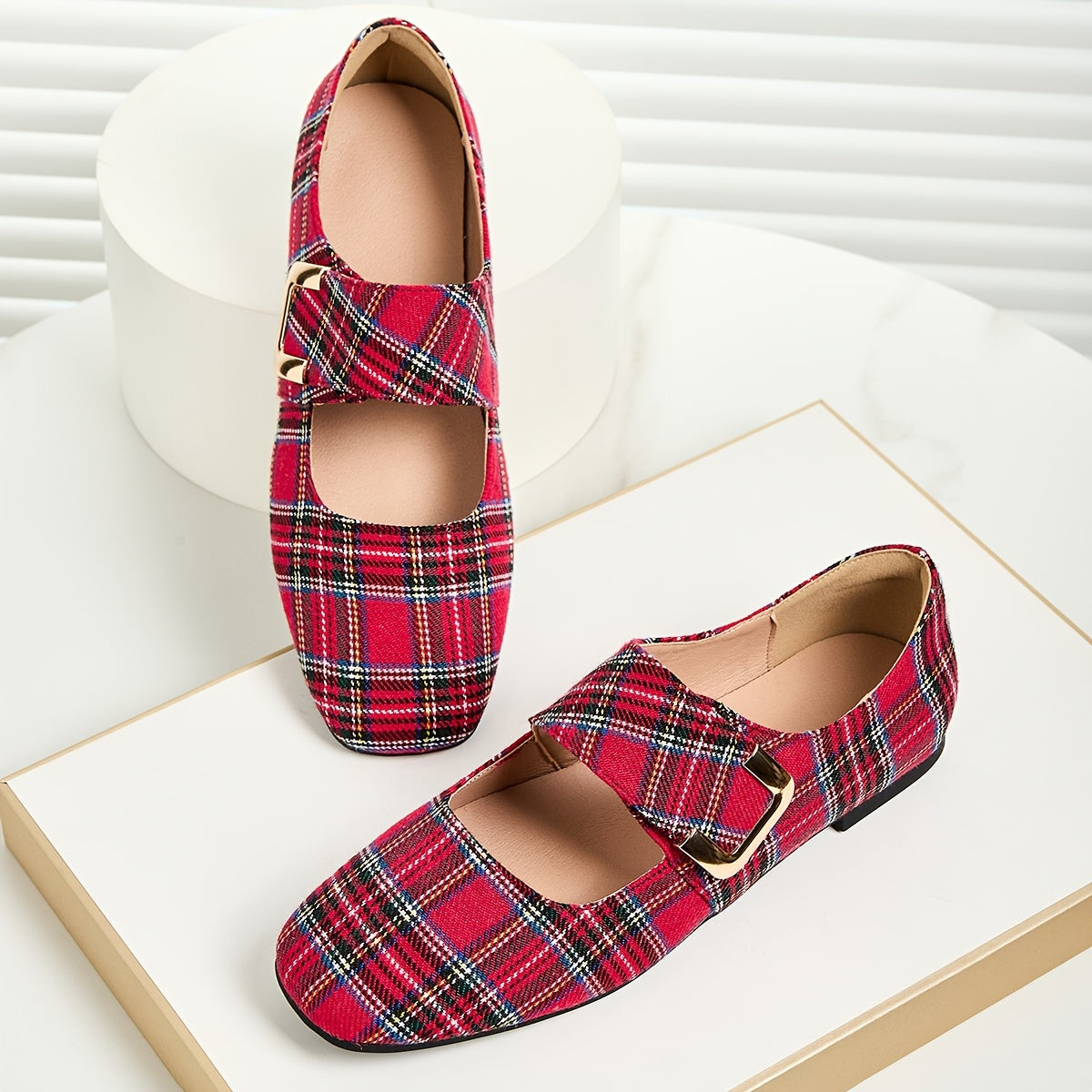 Women Red Plaid Flat Shoes with Strap for All Seasons