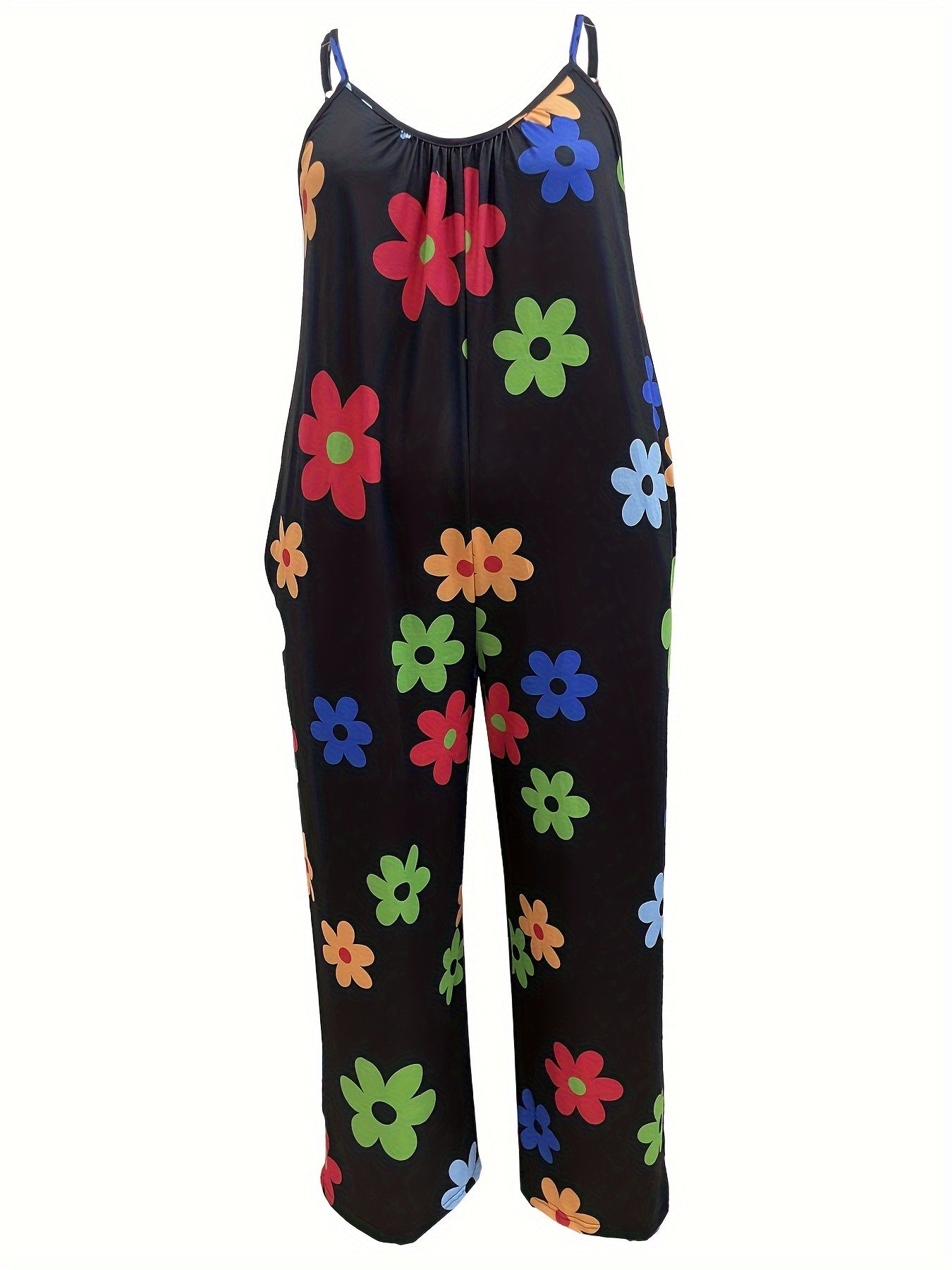 Plus Size Floral Wide Leg Jumpsuit Casual Sleeveless Pockets Women's Clothing