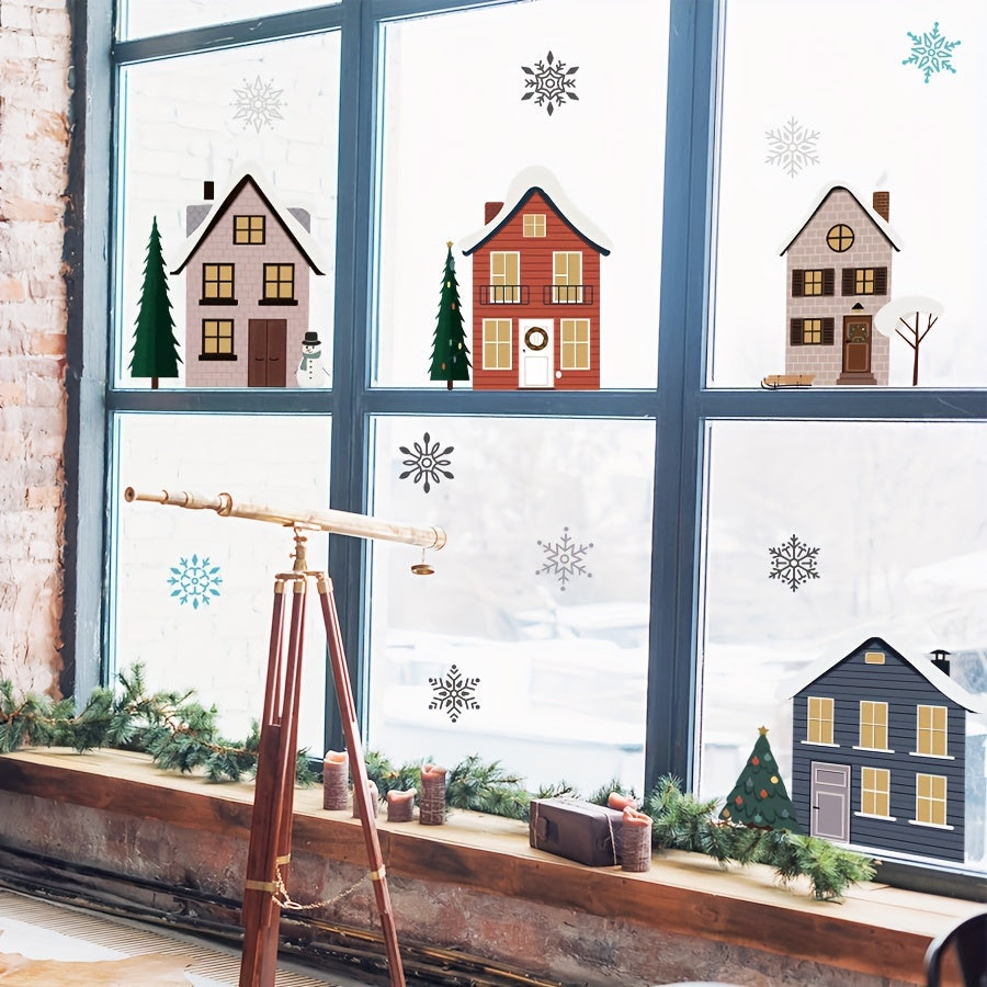 Christmas Window Clings Watercolor House Snowflake Design Self-Adhesive Detachable PVC