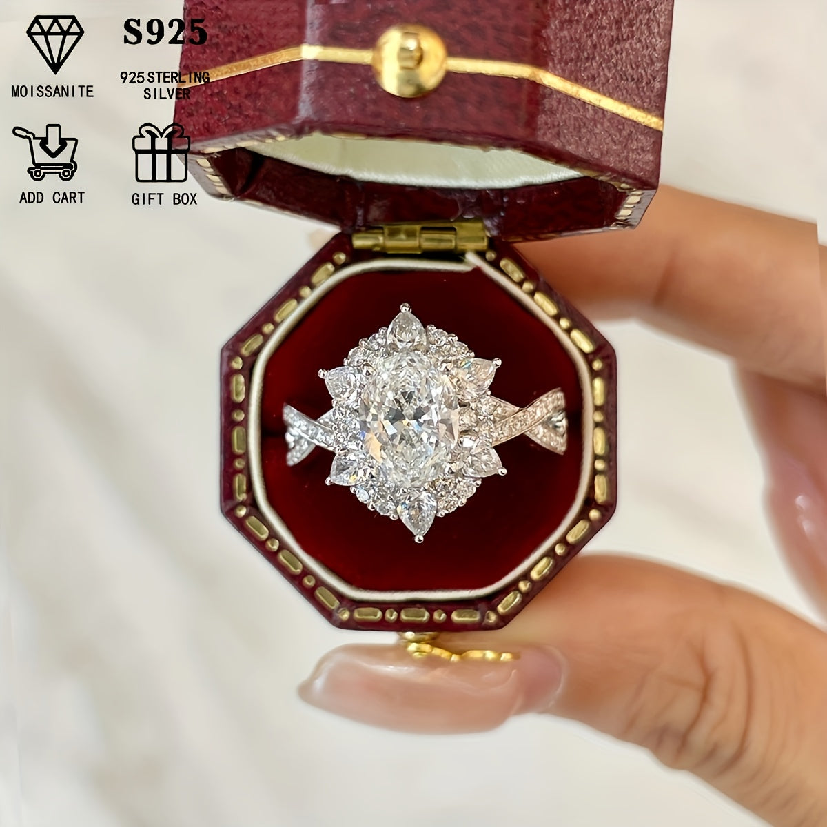 Zarif Boho uslubidagi 2ct oval Moissanite to'y uzugi S925 sterling kumush qoplamada, ayollar uchun to'y yilligi uchun gippoallergen kesma dizayni bilan. Elegant sovg'a qutisi bilan birga keladi, og'irligi 4.5g. Sevishlilar kuni uchun mukammal, bu nozik.